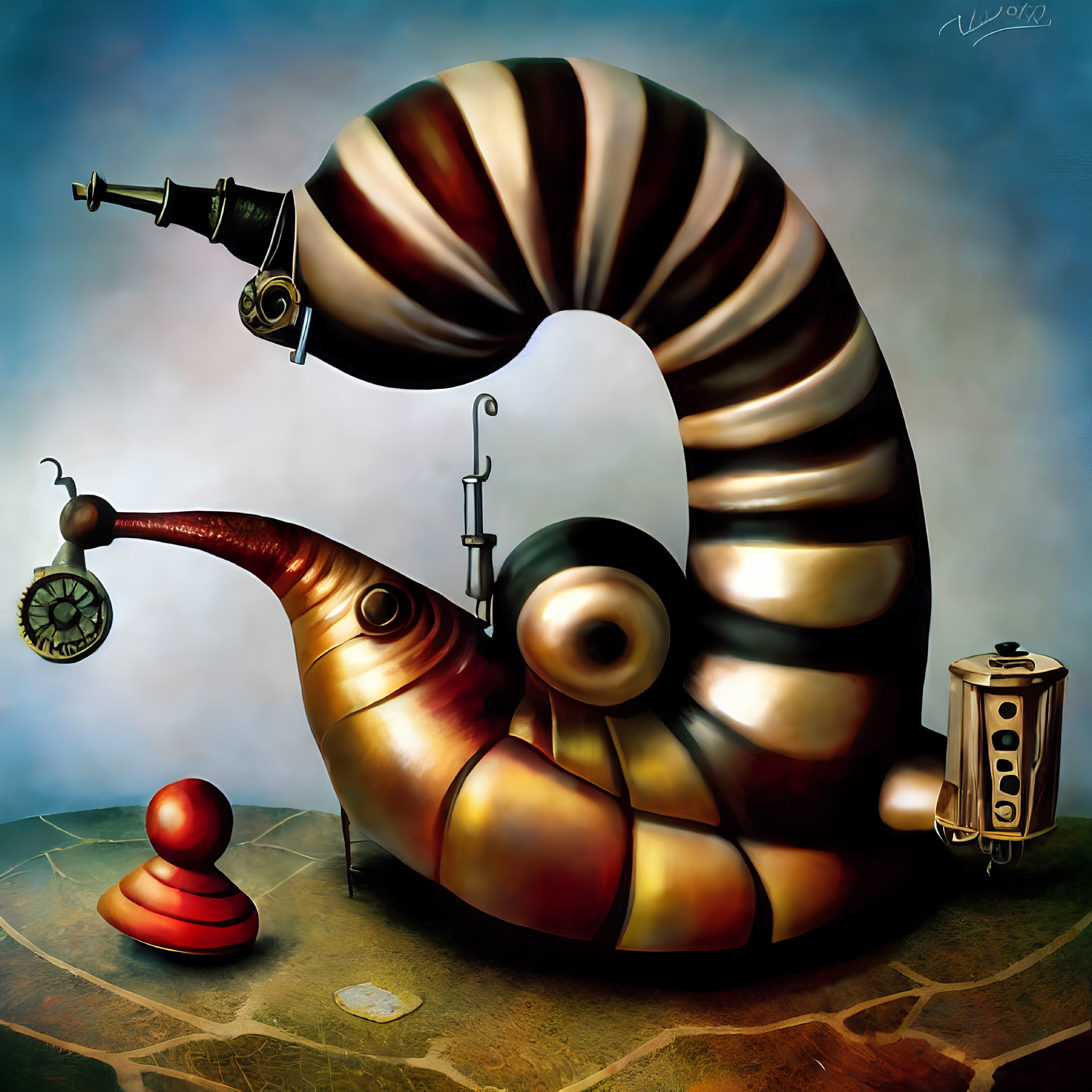 Surreal art of metallic snail with telescope, clock pendulum, and machinations