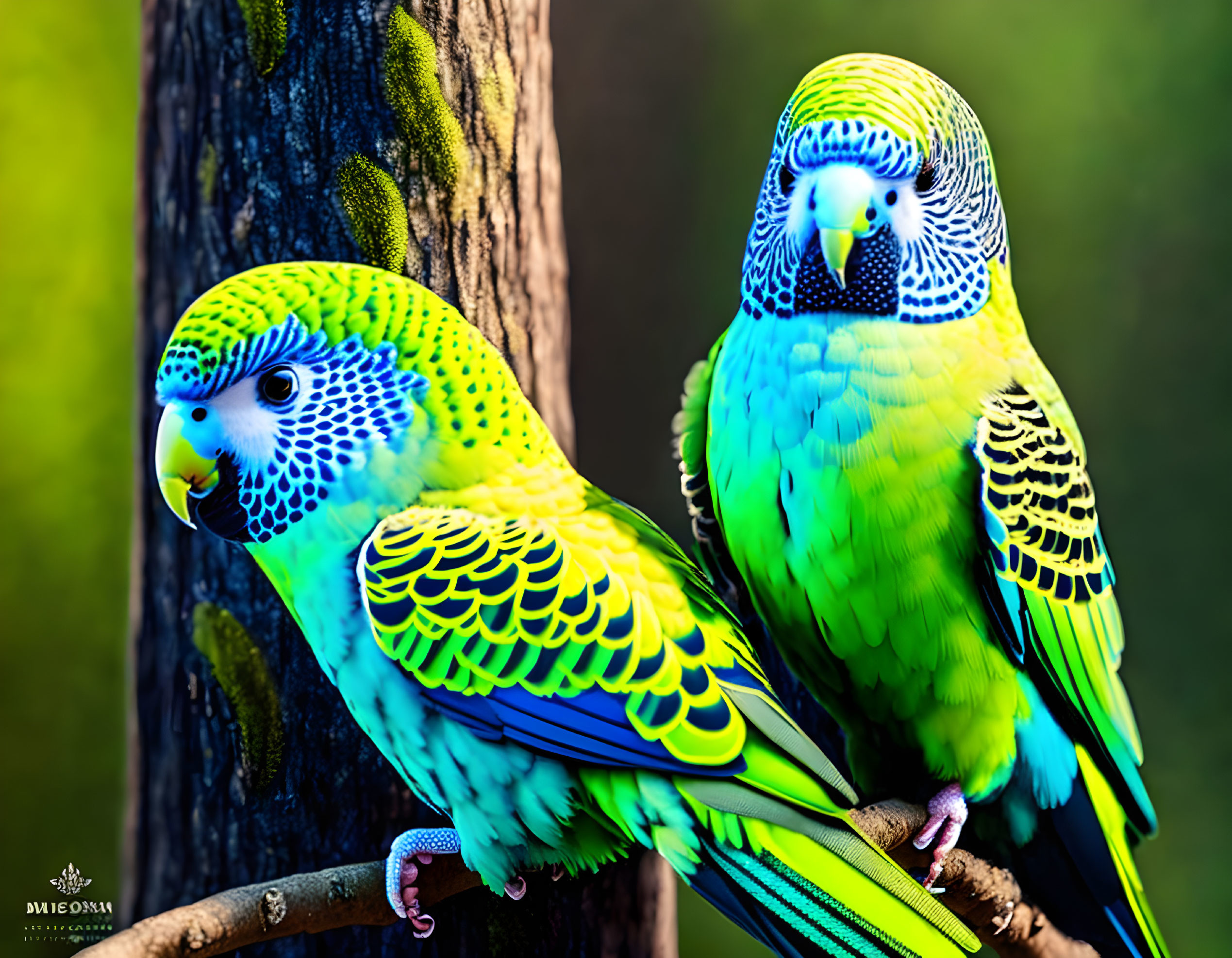 Vibrant blue and yellow budgerigars on branch with blurred green background