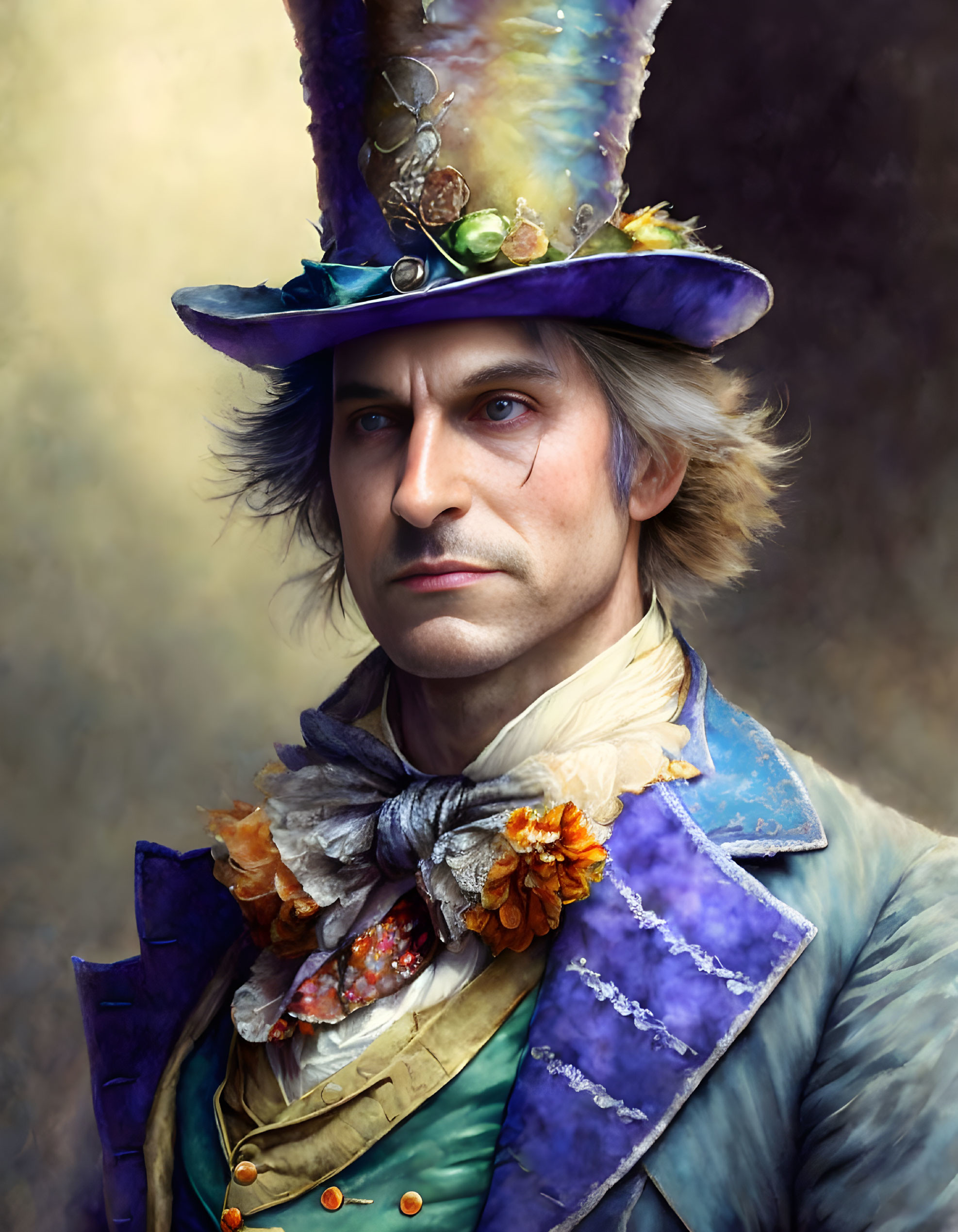 Man in fanciful outfit with piercing eyes and tall feathered hat.