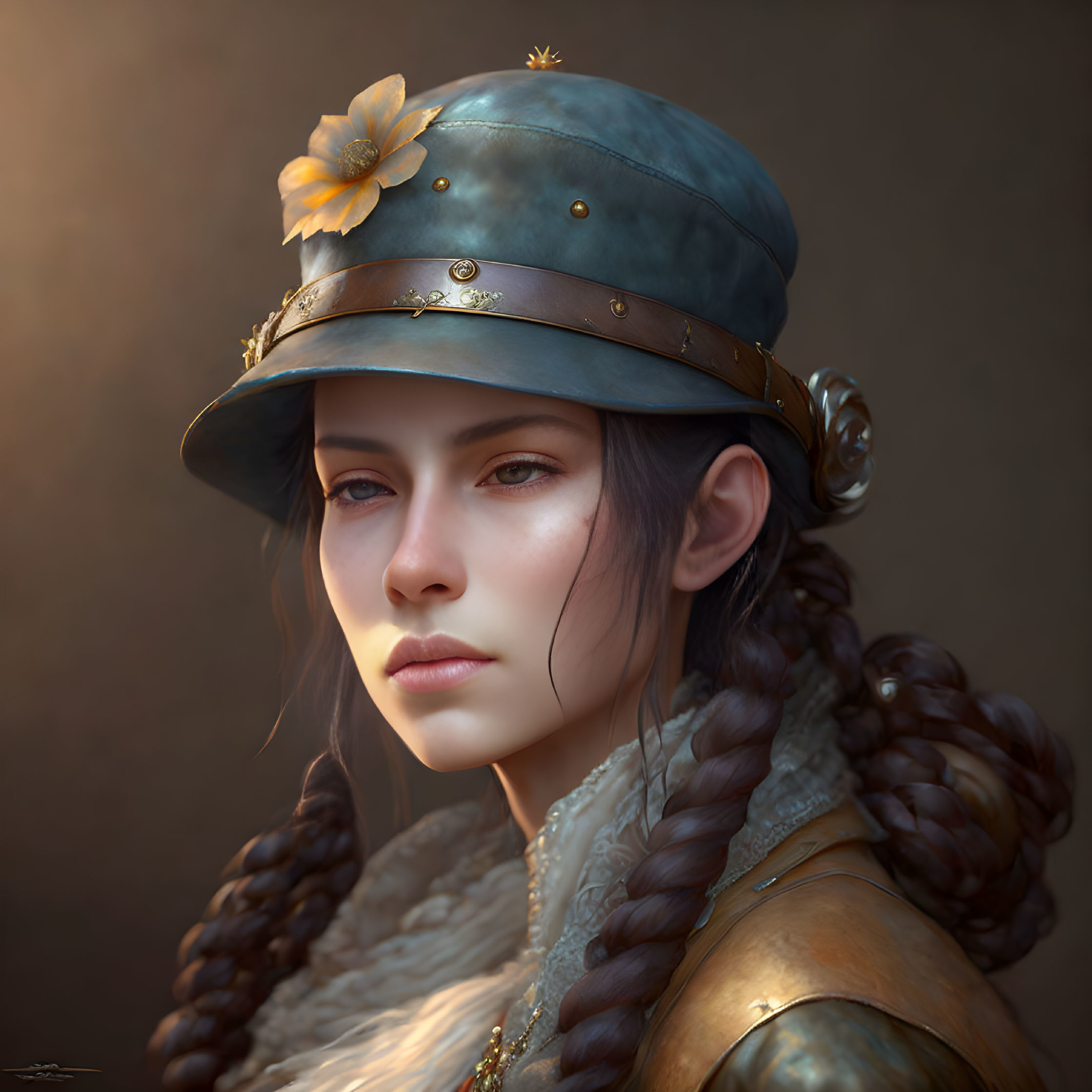 Digital portrait: Woman with braided hair, adorned hat and armor, serene expression on warm backdrop