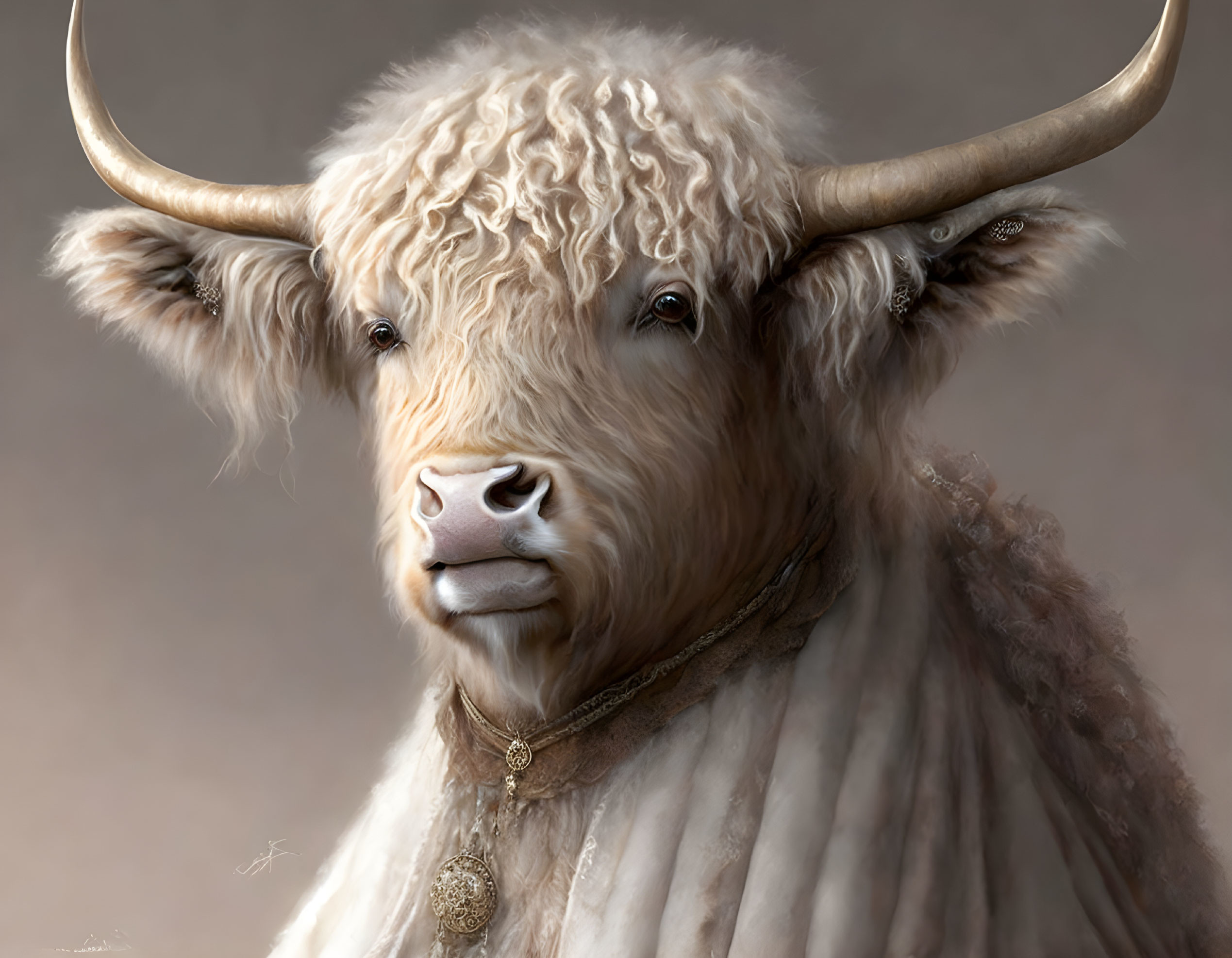 Brown Highland Cow Digital Painting with Long Hair and Horns on Neutral Background