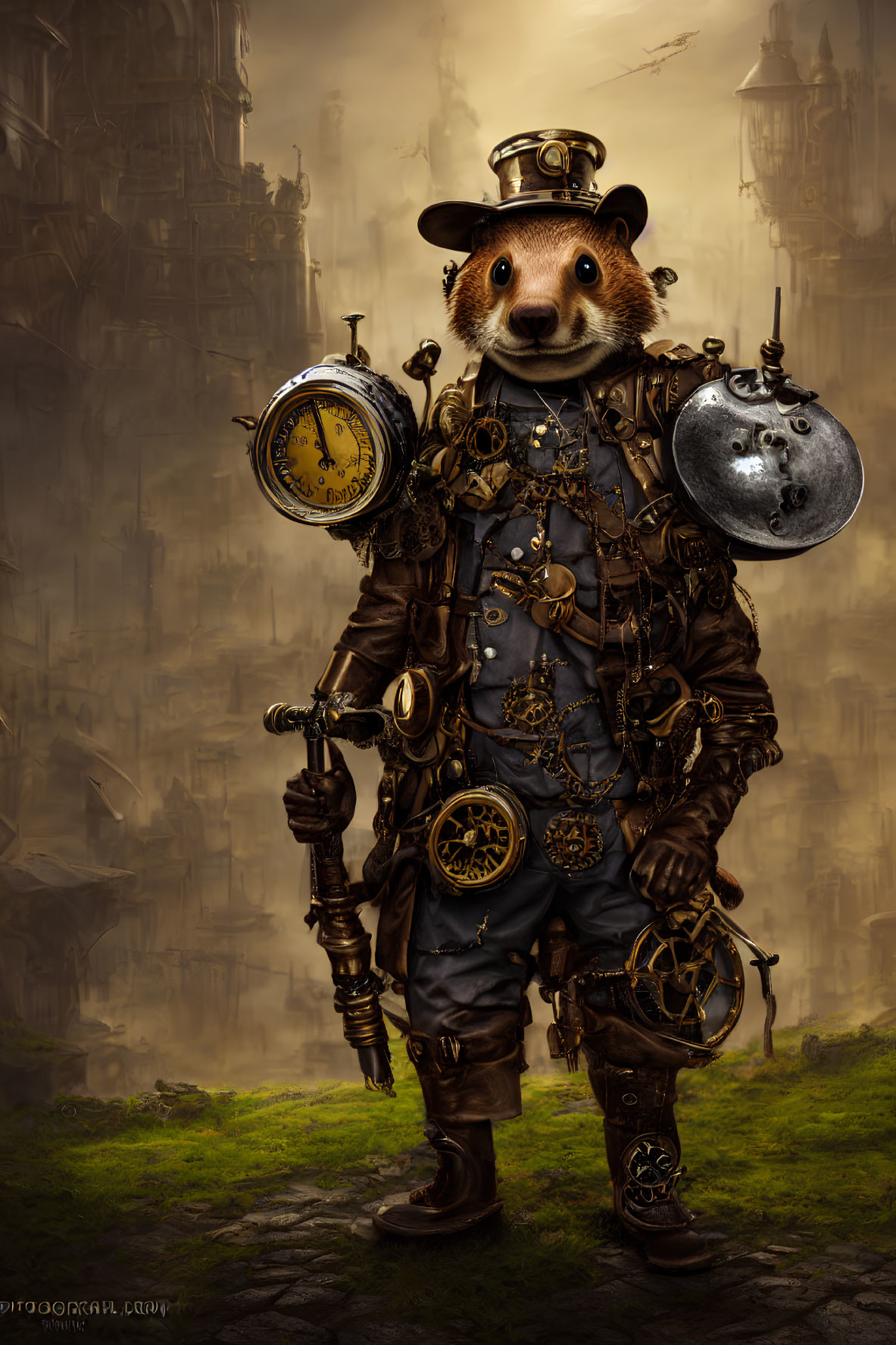 Anthropomorphic meerkat in steampunk attire with clocks and gears