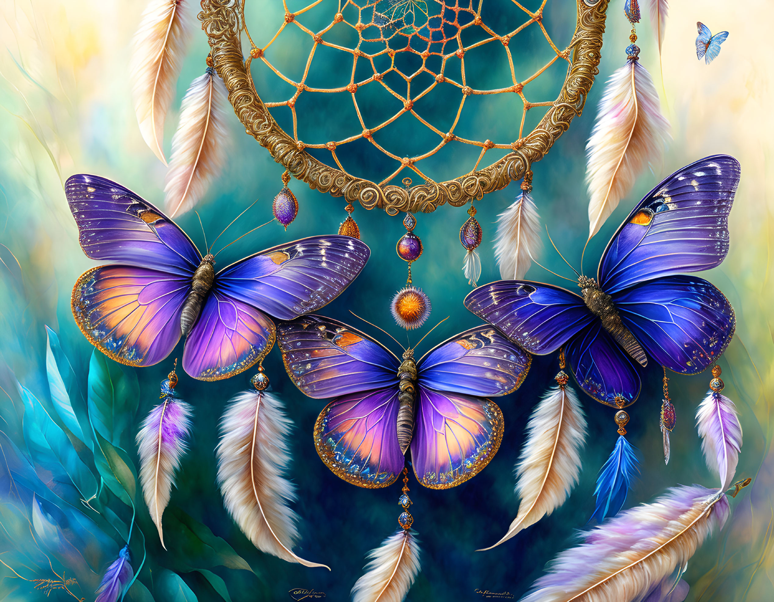 Colorful butterfly and dreamcatcher art with feathers and jewels on soft backdrop