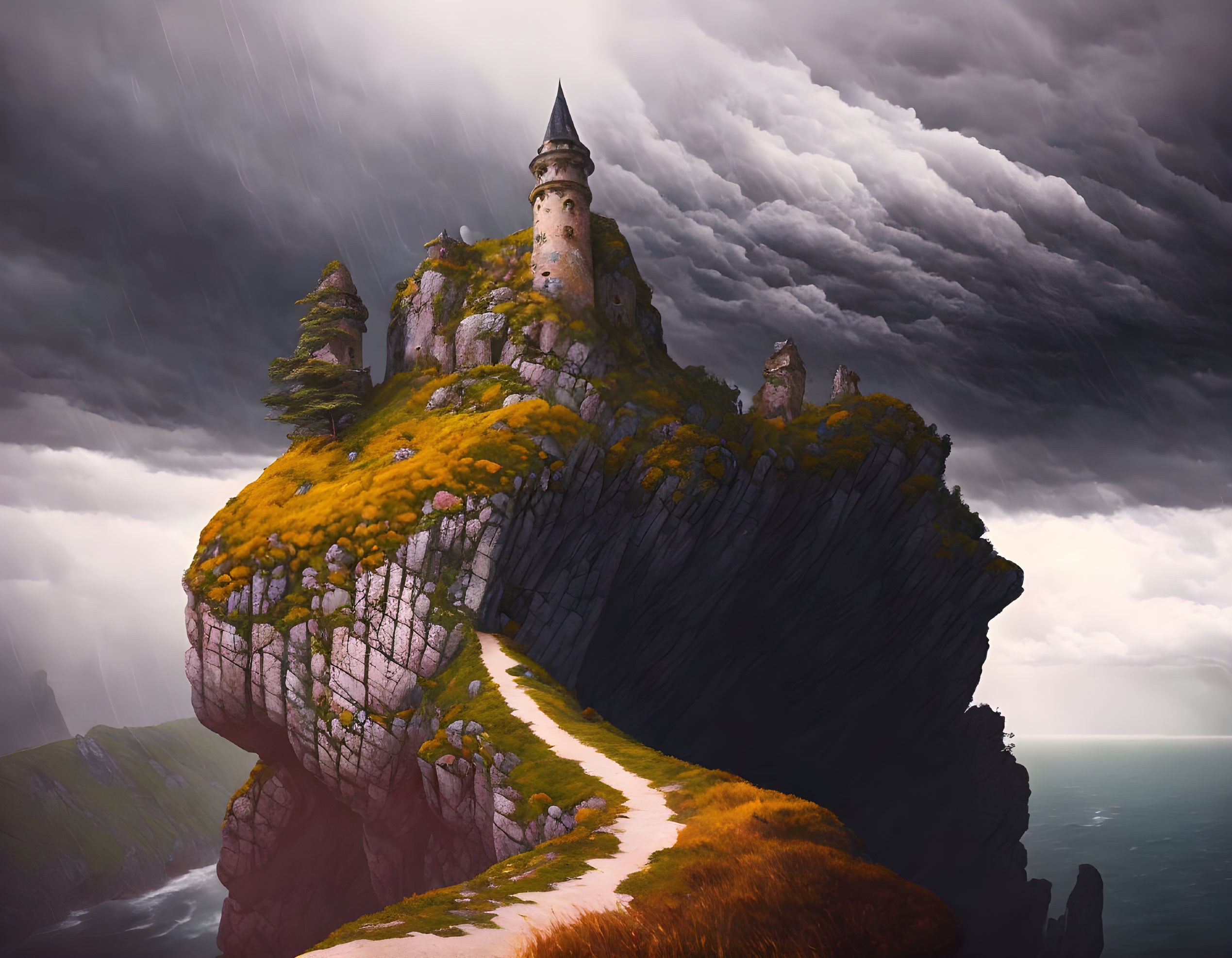 Castle on Steep Cliff in Stormy Sky with Winding Path & Dramatic Seascape