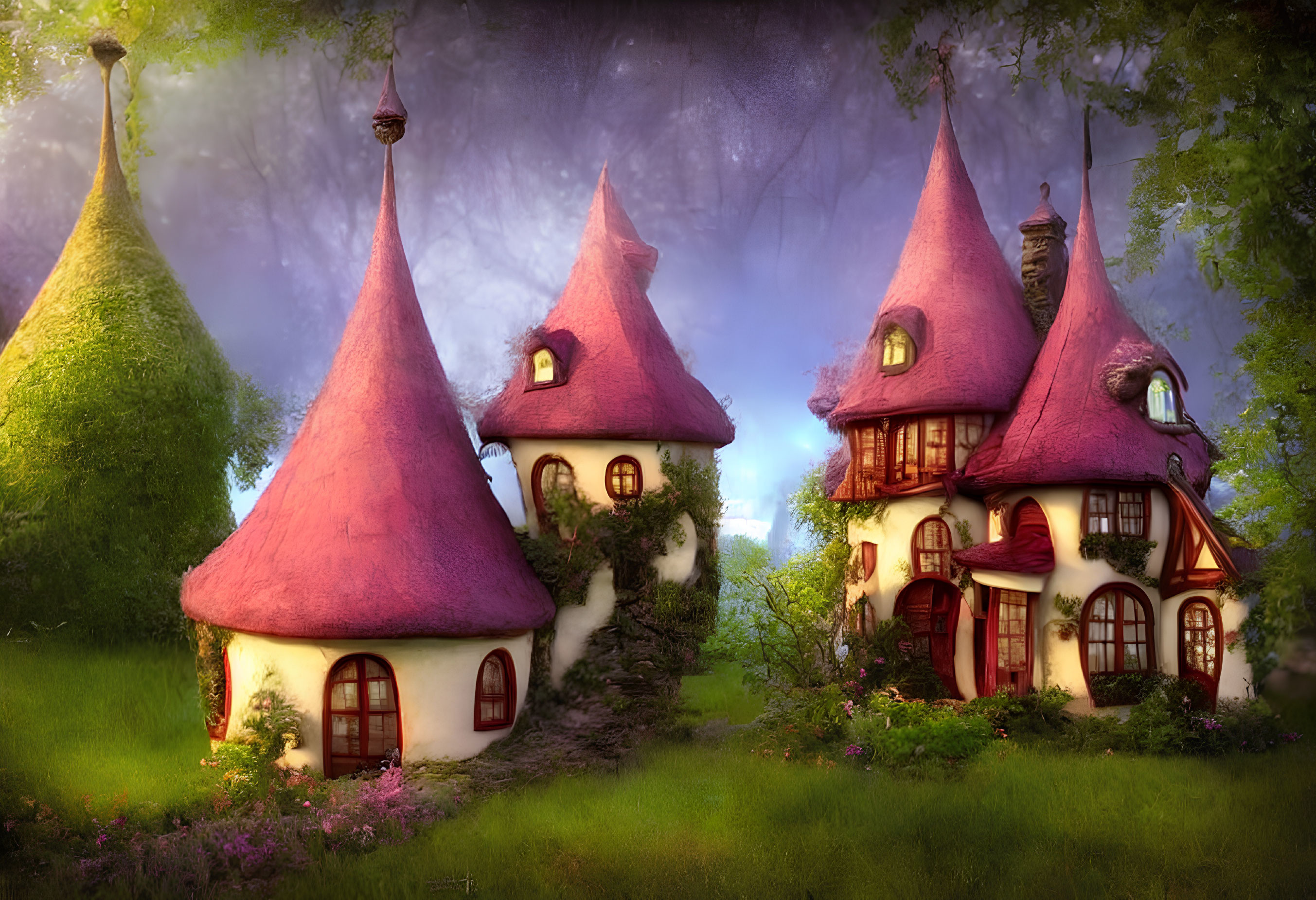 Enchanting fantasy illustration of thatched-roof cottages in mystical fog