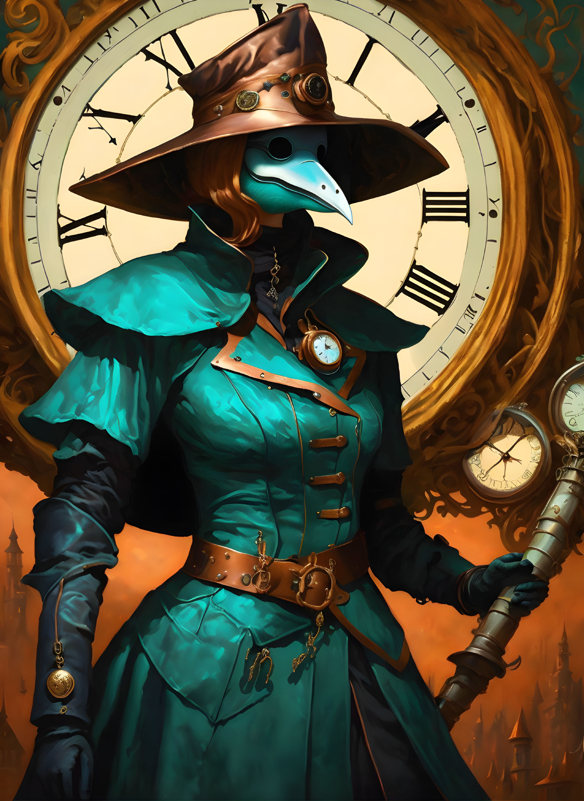 Teal plague doctor costume illustration with clock background