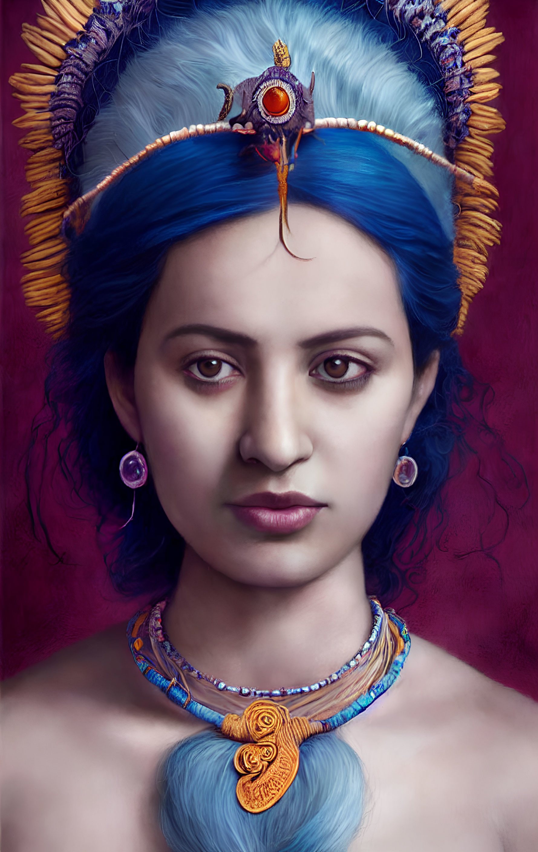 Woman with Blue Hair in Gold Headdress and Jewelry on Purple Background