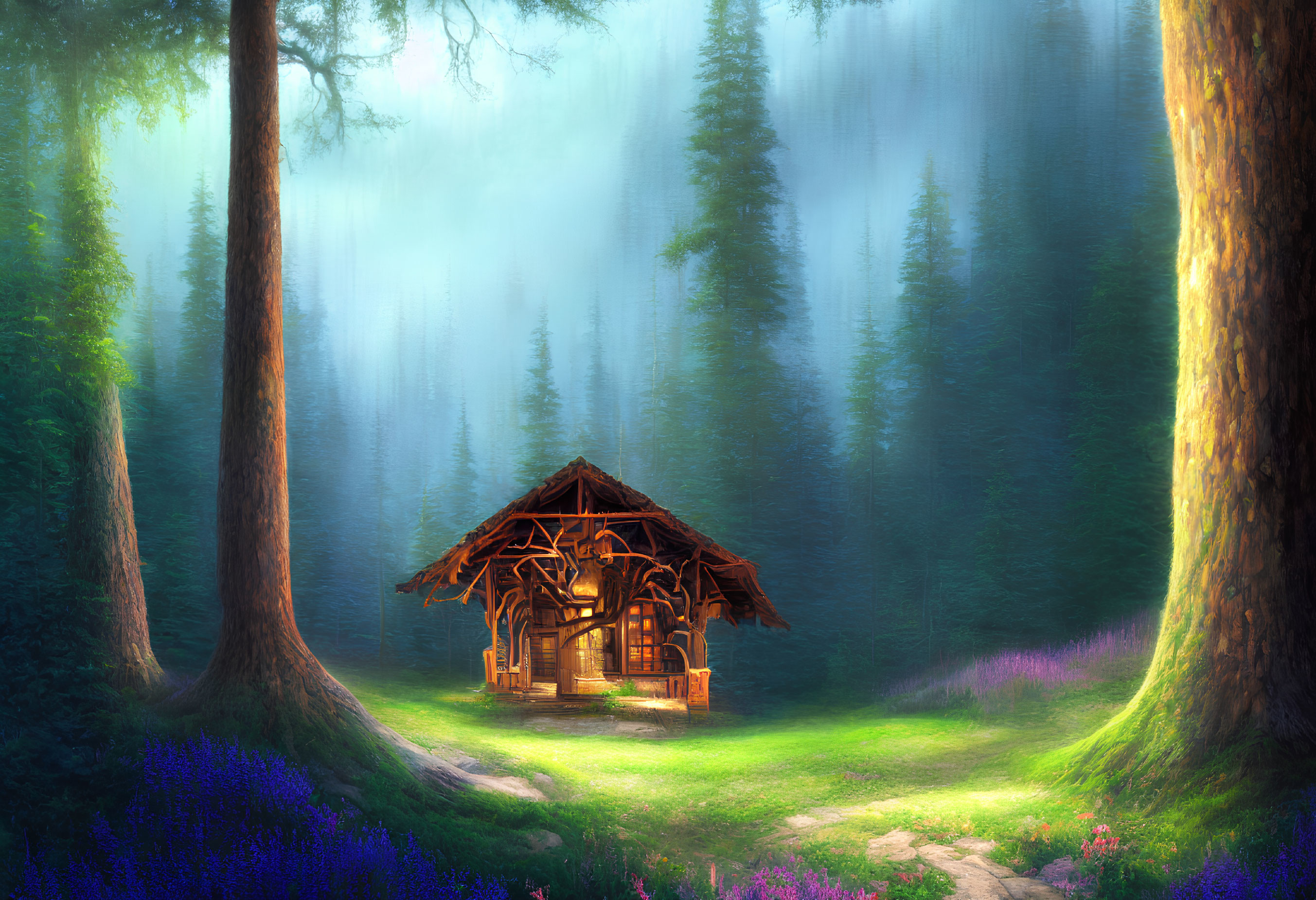 Serene forest clearing with wooden cabin, tall trees, sunlight, and wildflowers