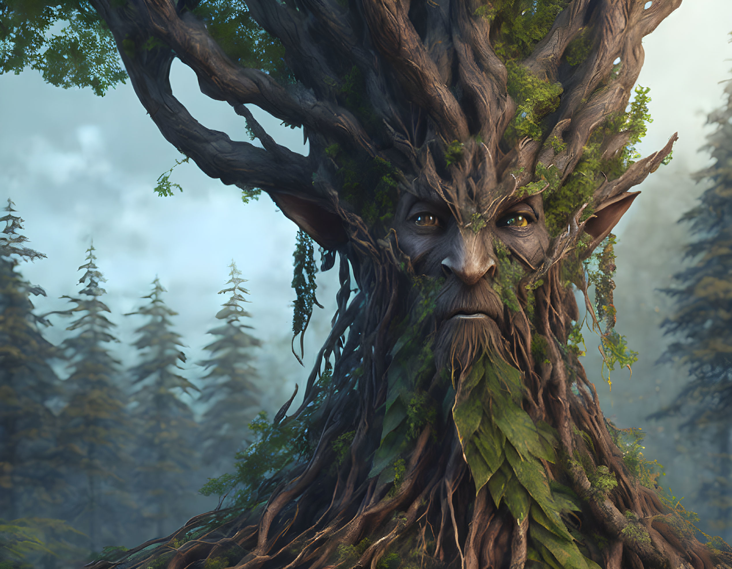 Fantasy illustration: Tree-like creature with humanoid face in misty forest.