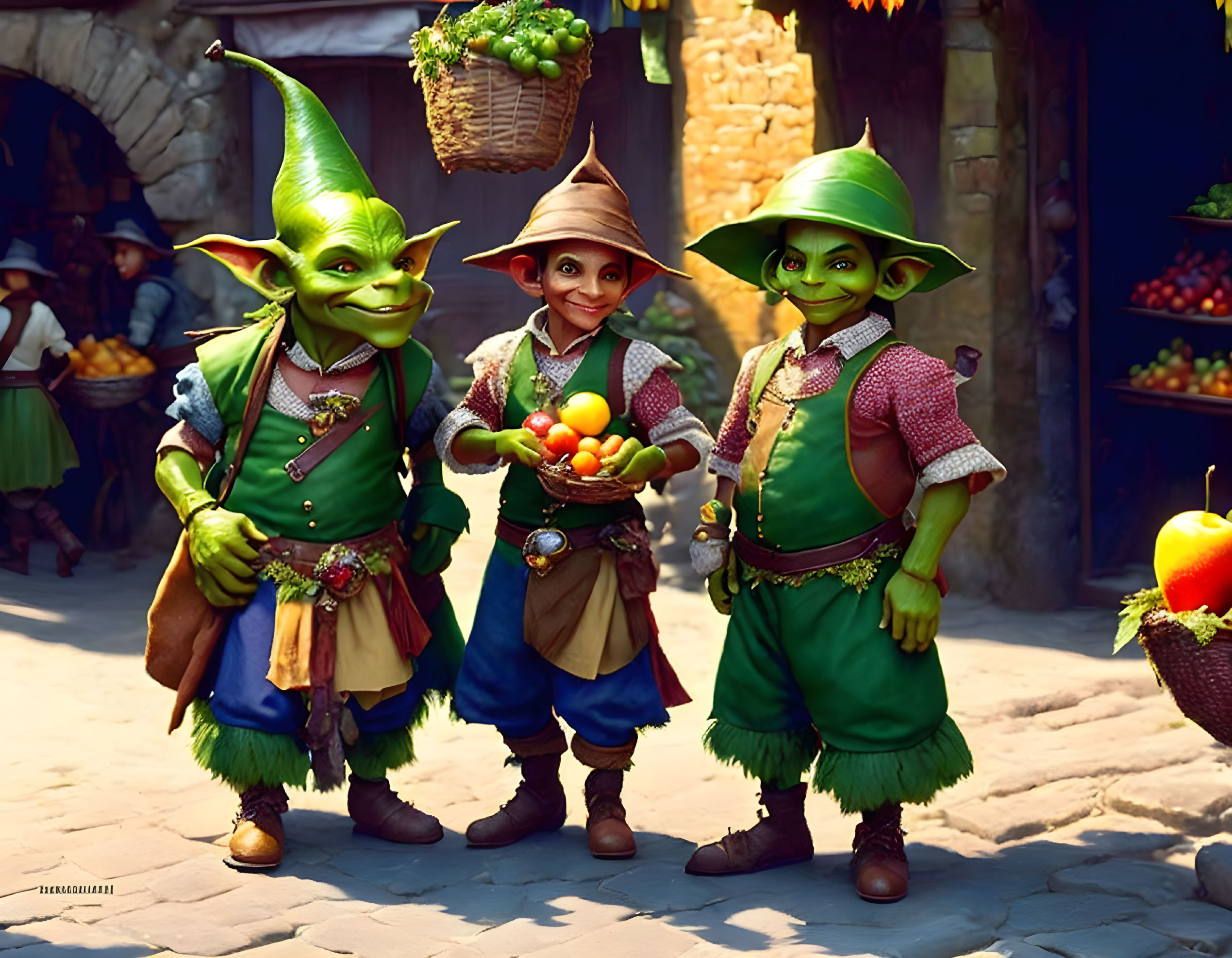 Animated goblin characters in a marketplace with fruit and basket.