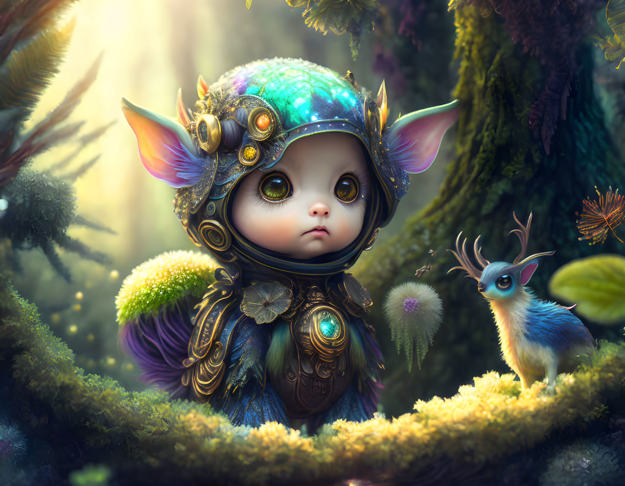 Fantasy artwork of creature in armor with large ears and mythical deer in enchanted forest