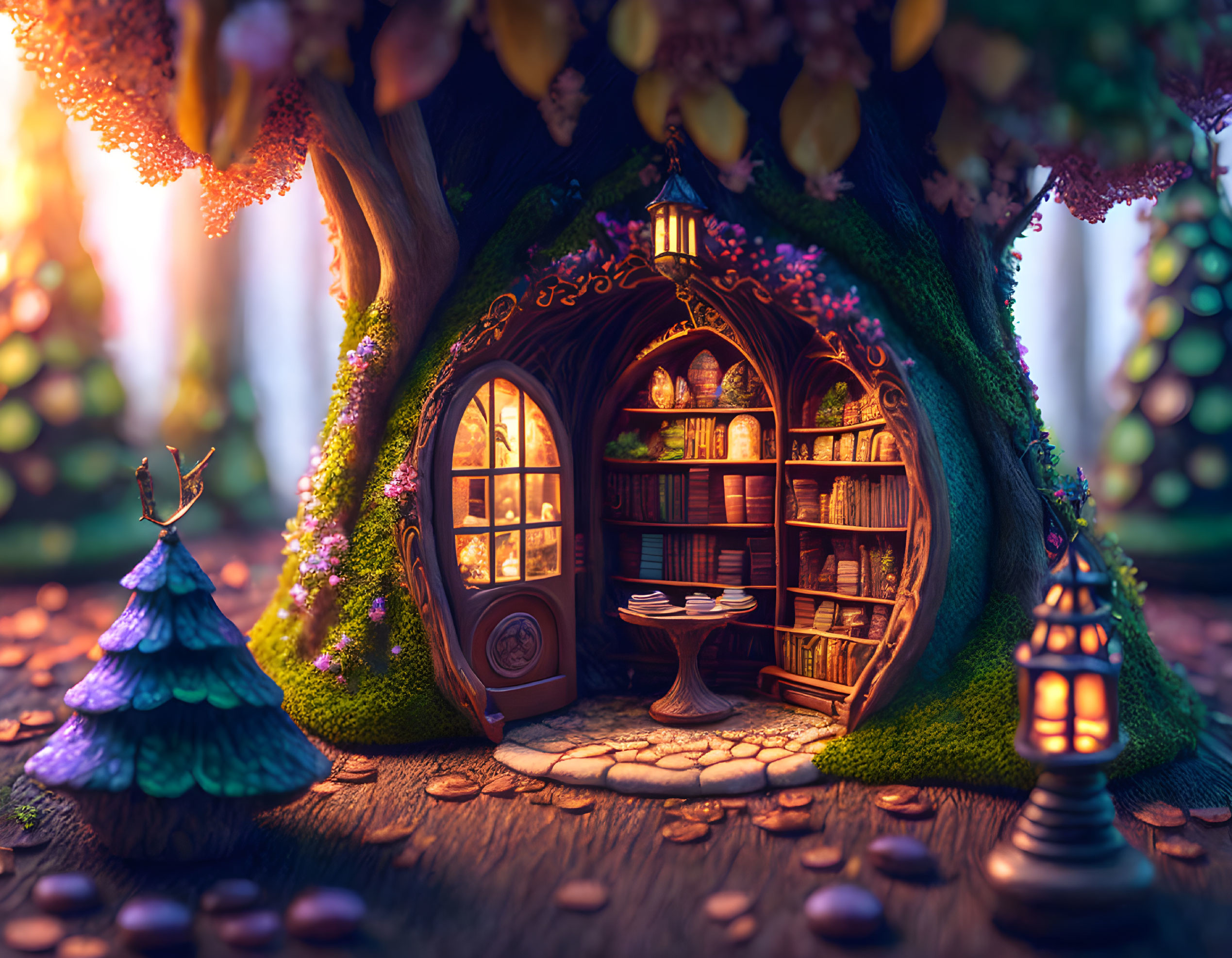 Cozy tree hollow with glowing door in magical forest