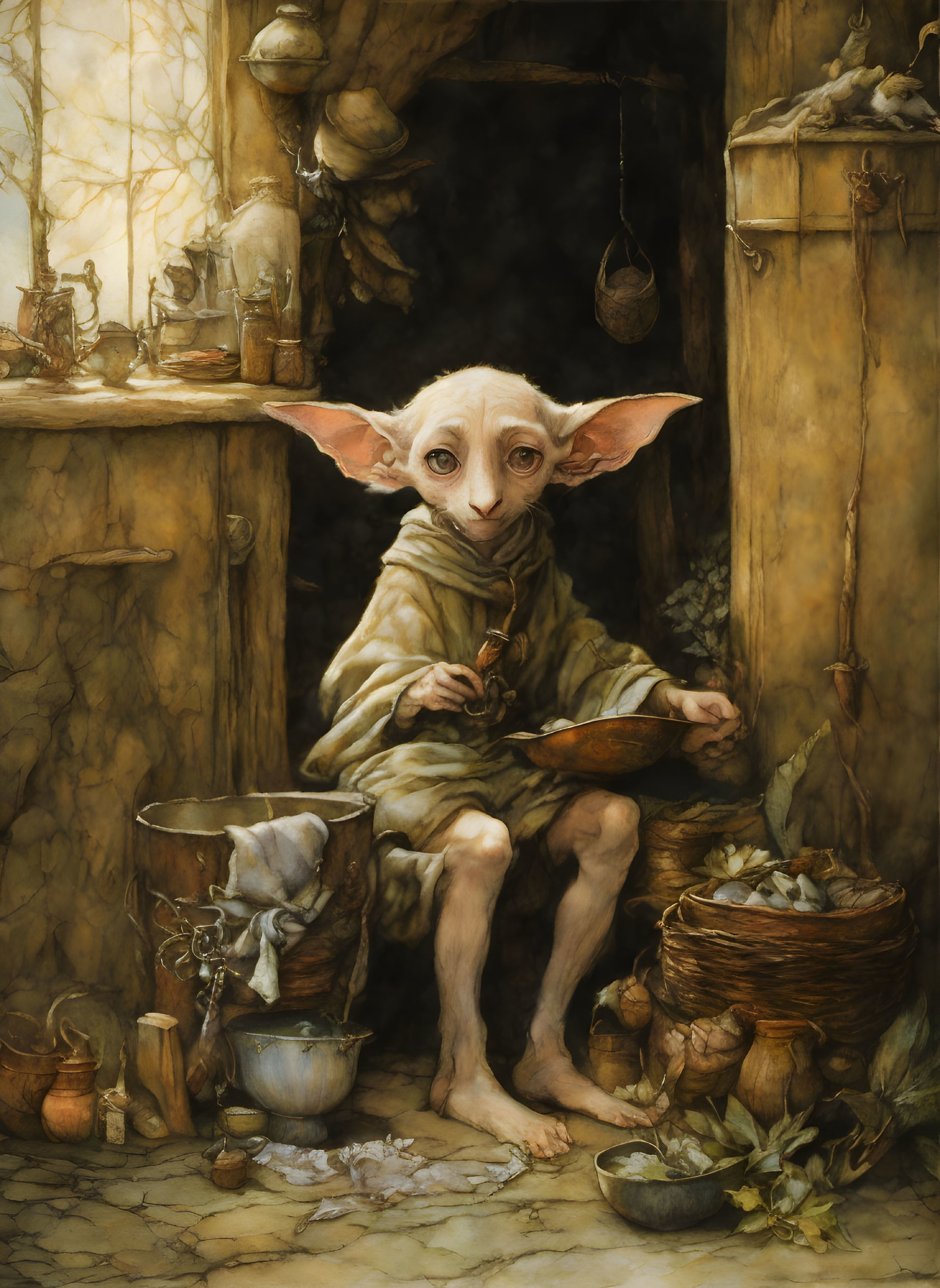 Whimsical elf-like creature in cozy rustic kitchen scene