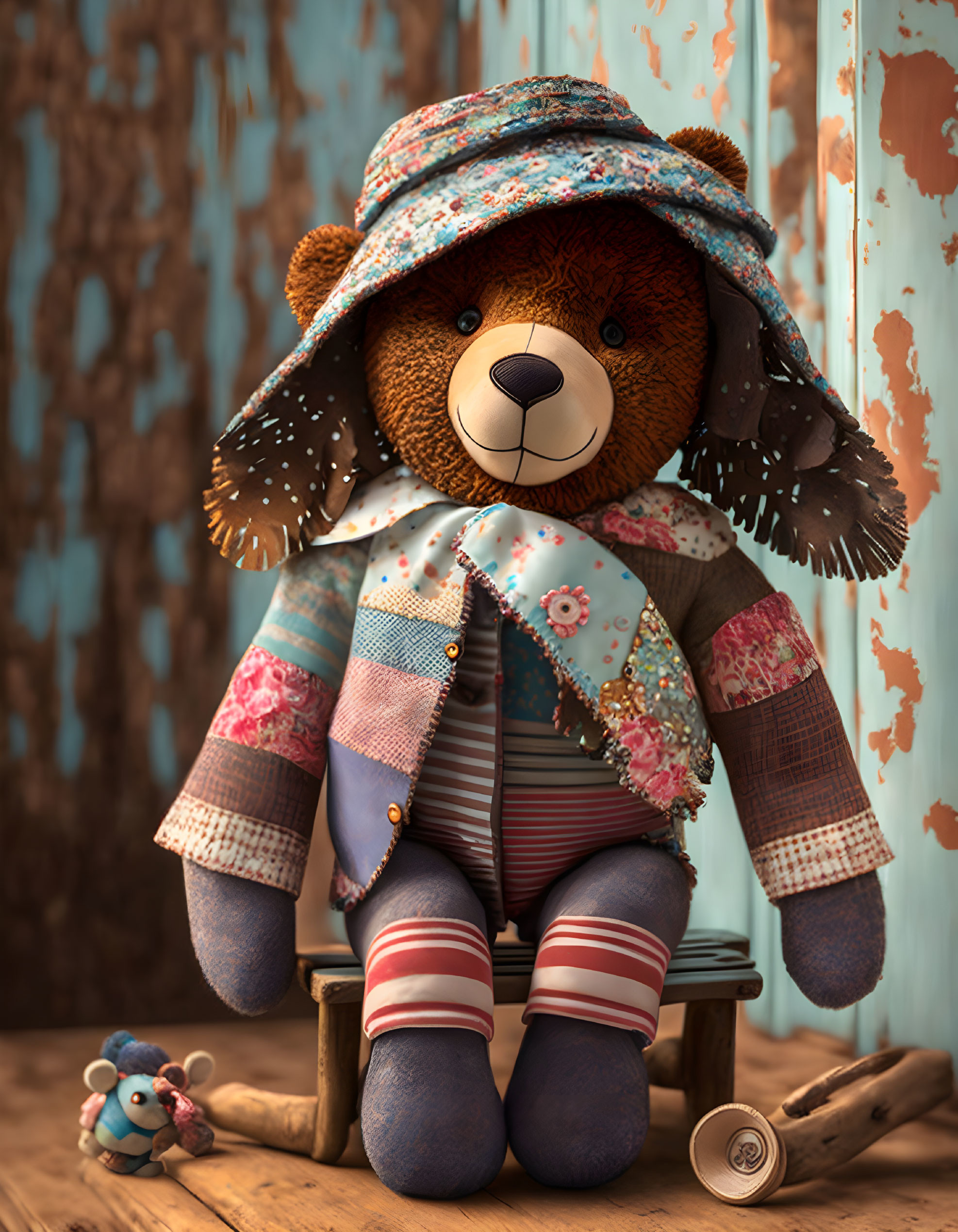 Patchwork Coat Teddy Bear on Stool with Toy Mouse and Spool on Blue Background