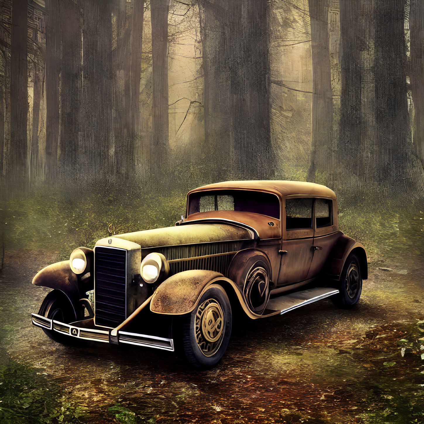 Vintage car in misty forest with eerie atmosphere.