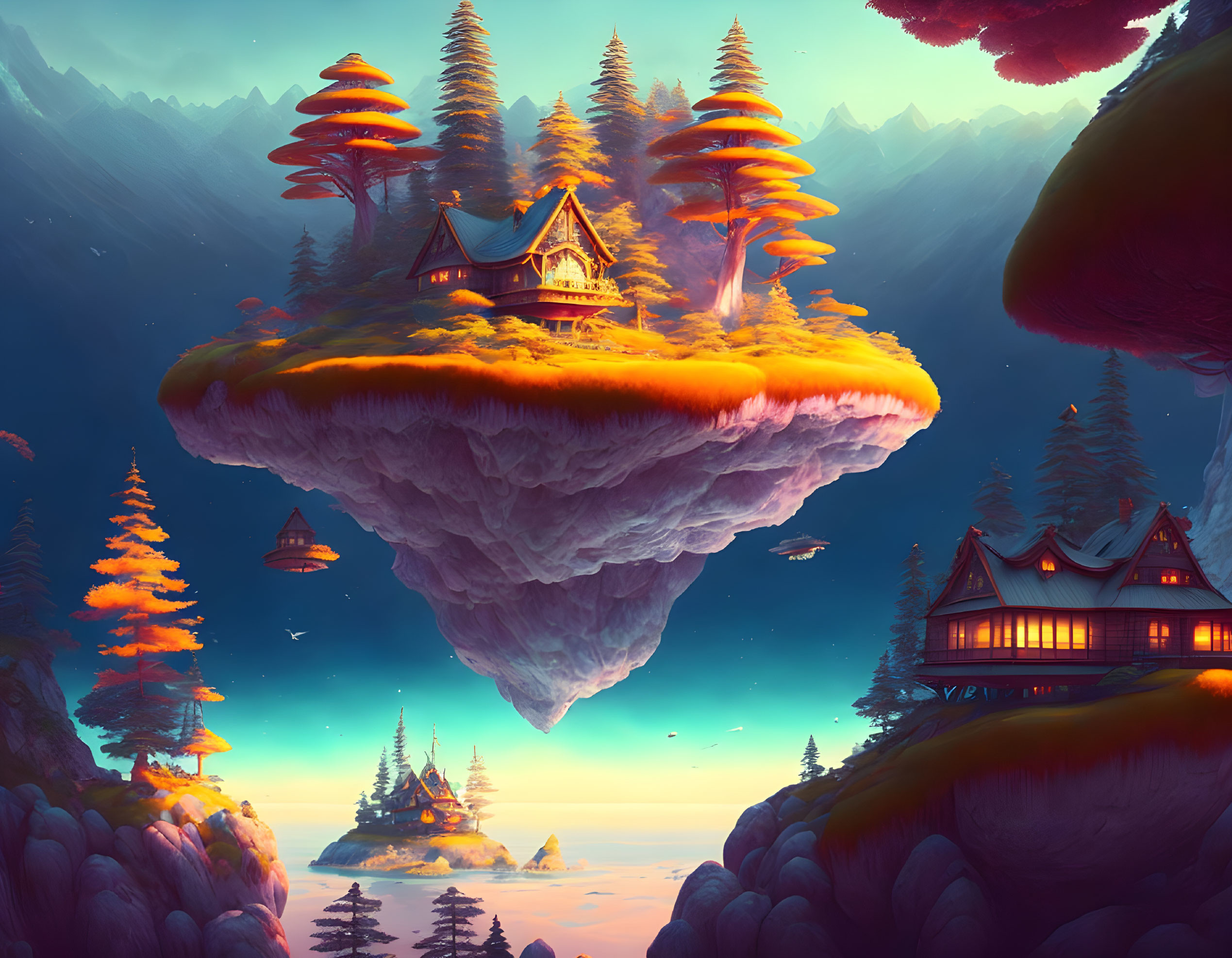 Fantastical landscape with floating islands and pine trees at sunset