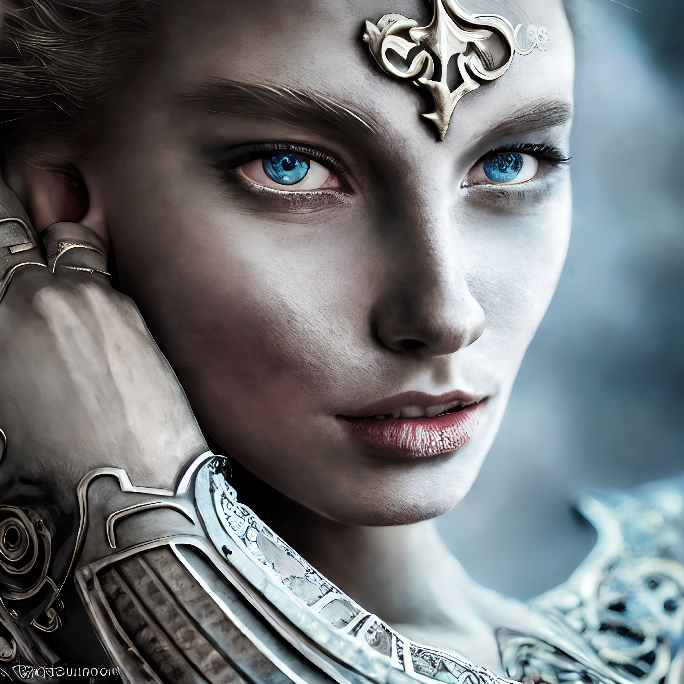 Fantasy portrait: Person with blue eyes in silver armor and gold headpiece on moody backdrop