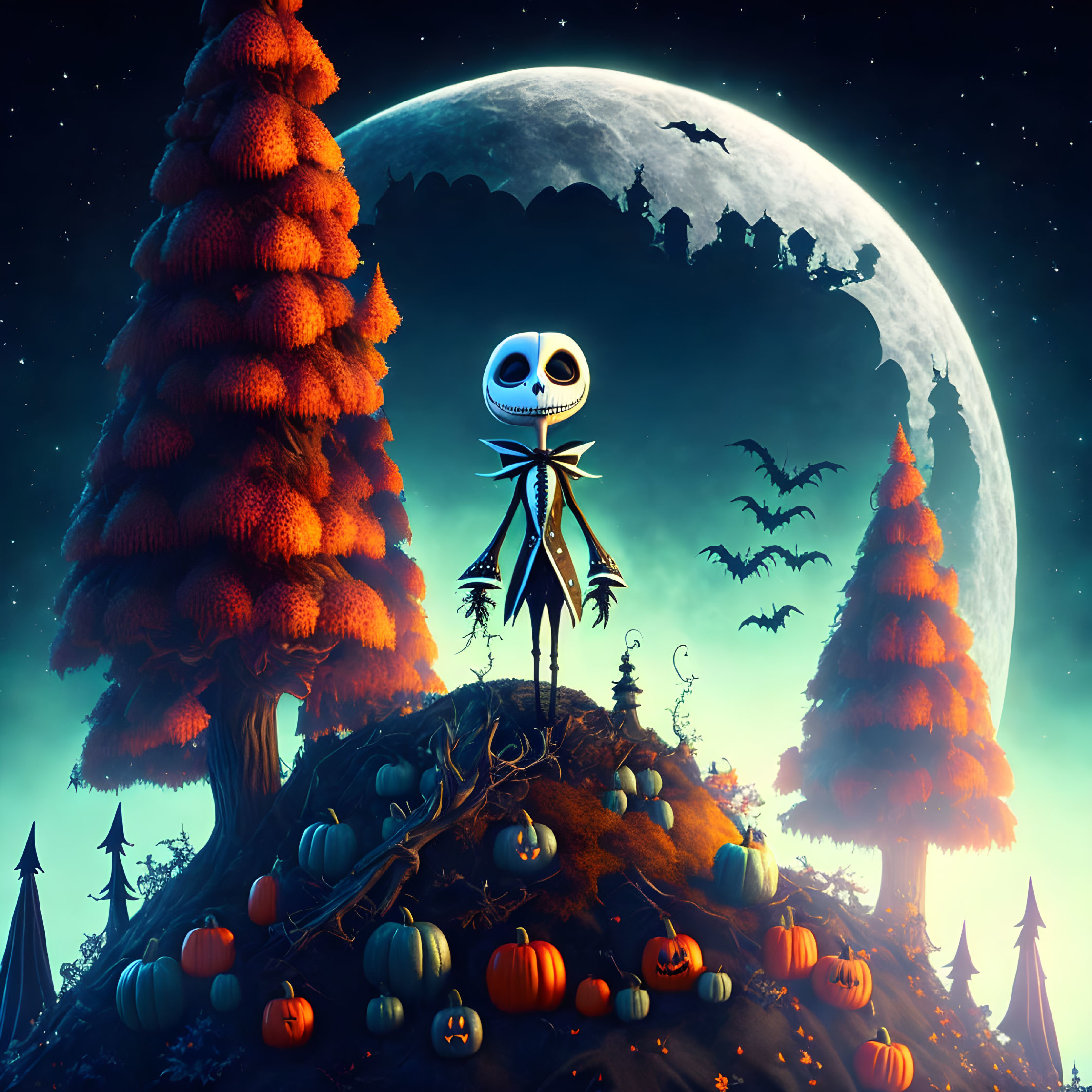 Stylized character with skull-like head on hill with pumpkins, full moon, and bats