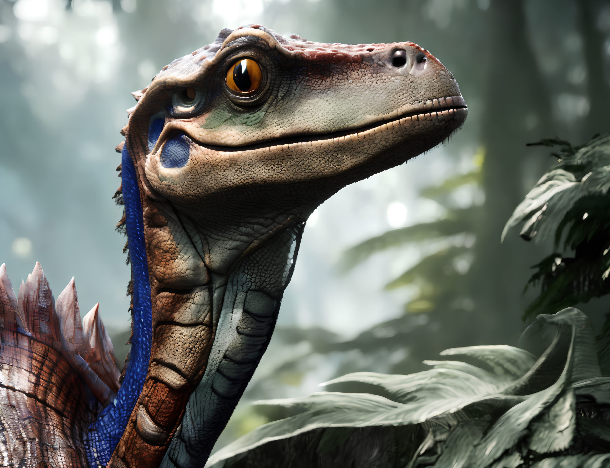 Detailed Velociraptor with Orange Eyes in Misty Forest Setting