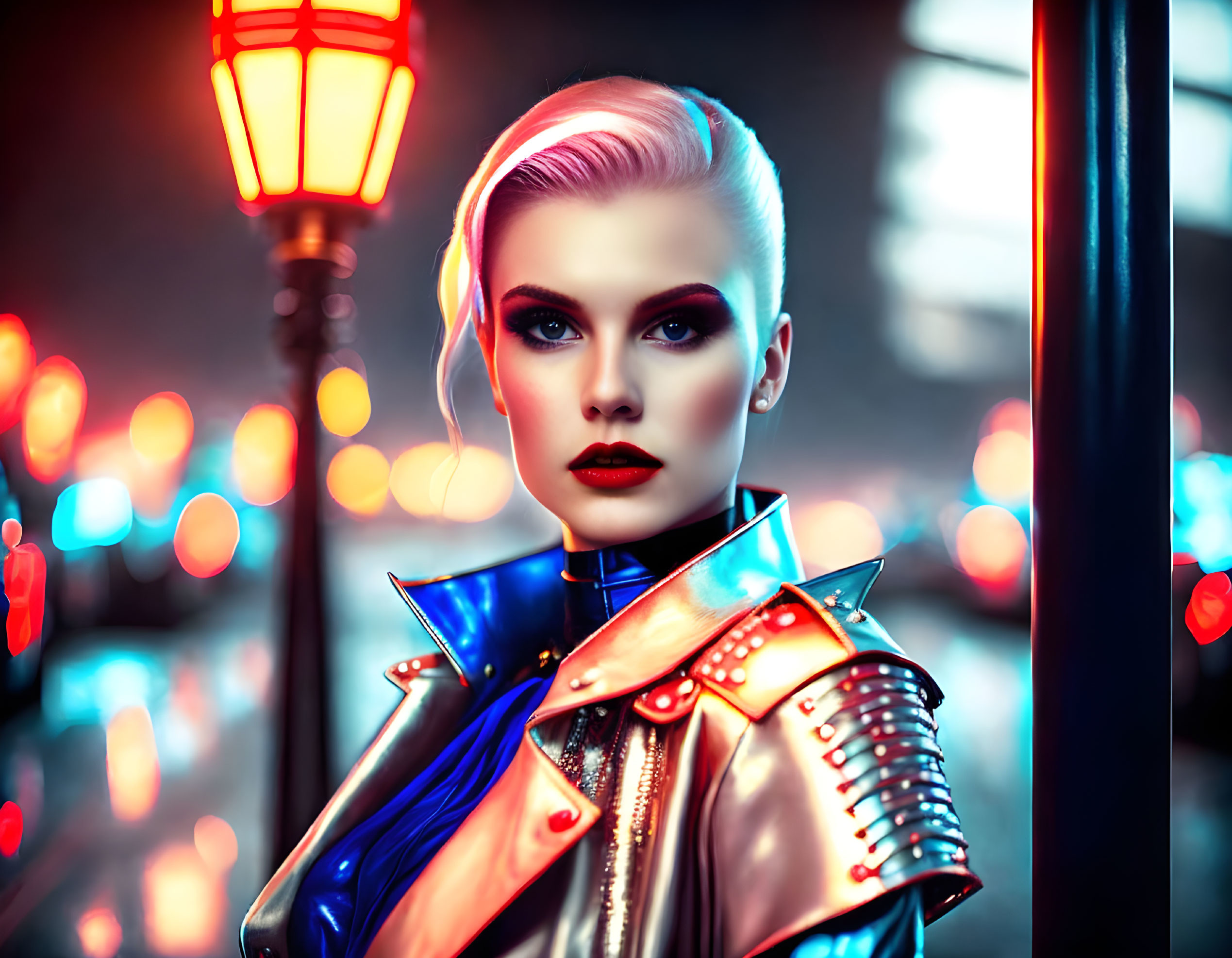 Stylized portrait of woman with platinum blonde hair and bold makeup in futuristic setting