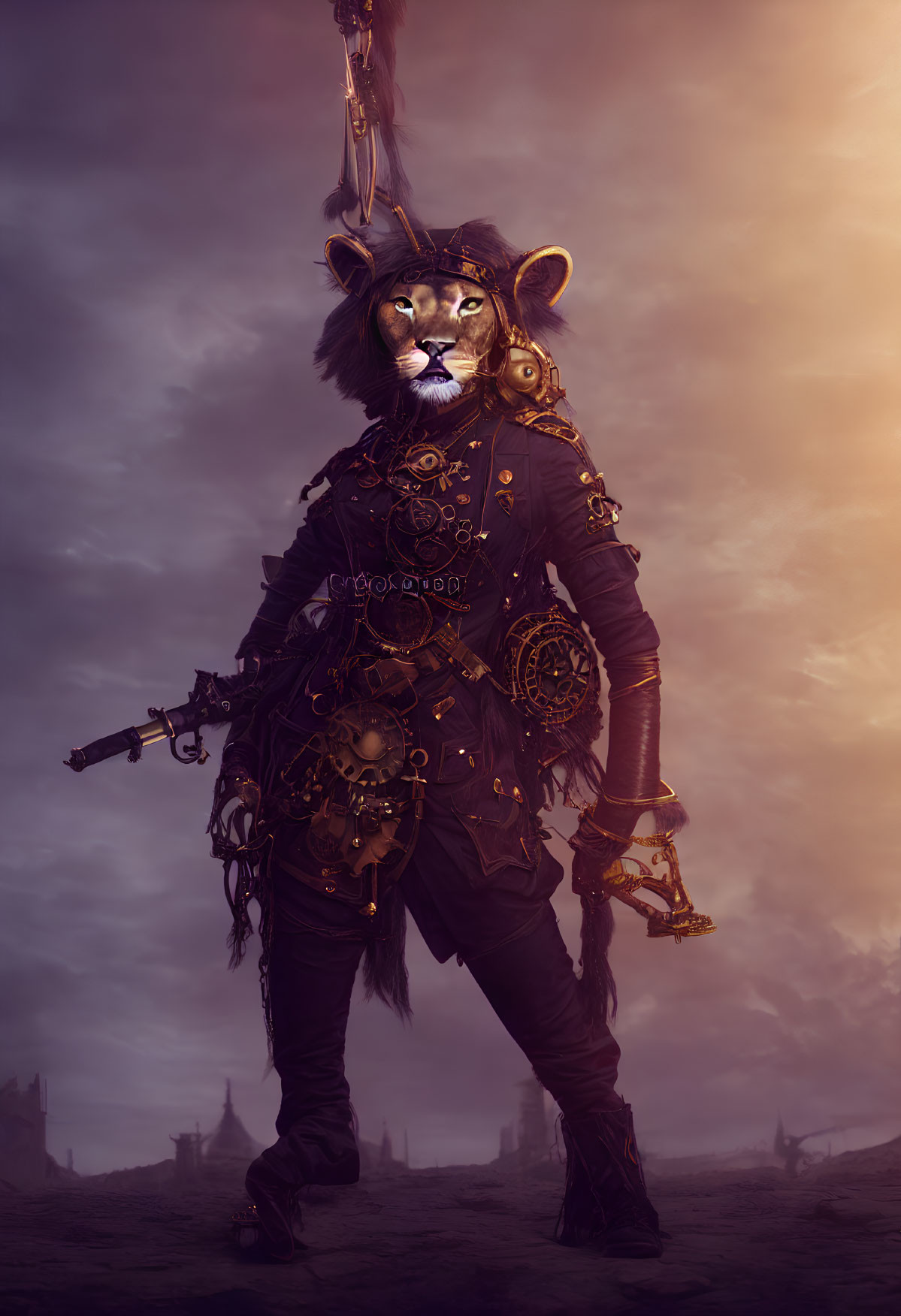 Lion-headed humanoid in gothic armor with clockwork details holding a pistol under dusky sky