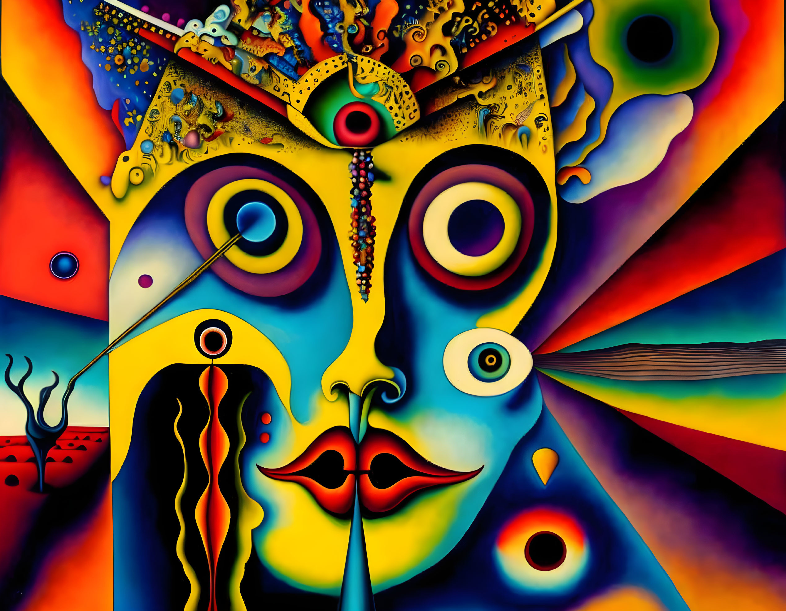 Abstract painting: Face with multiple eyes in vibrant colors