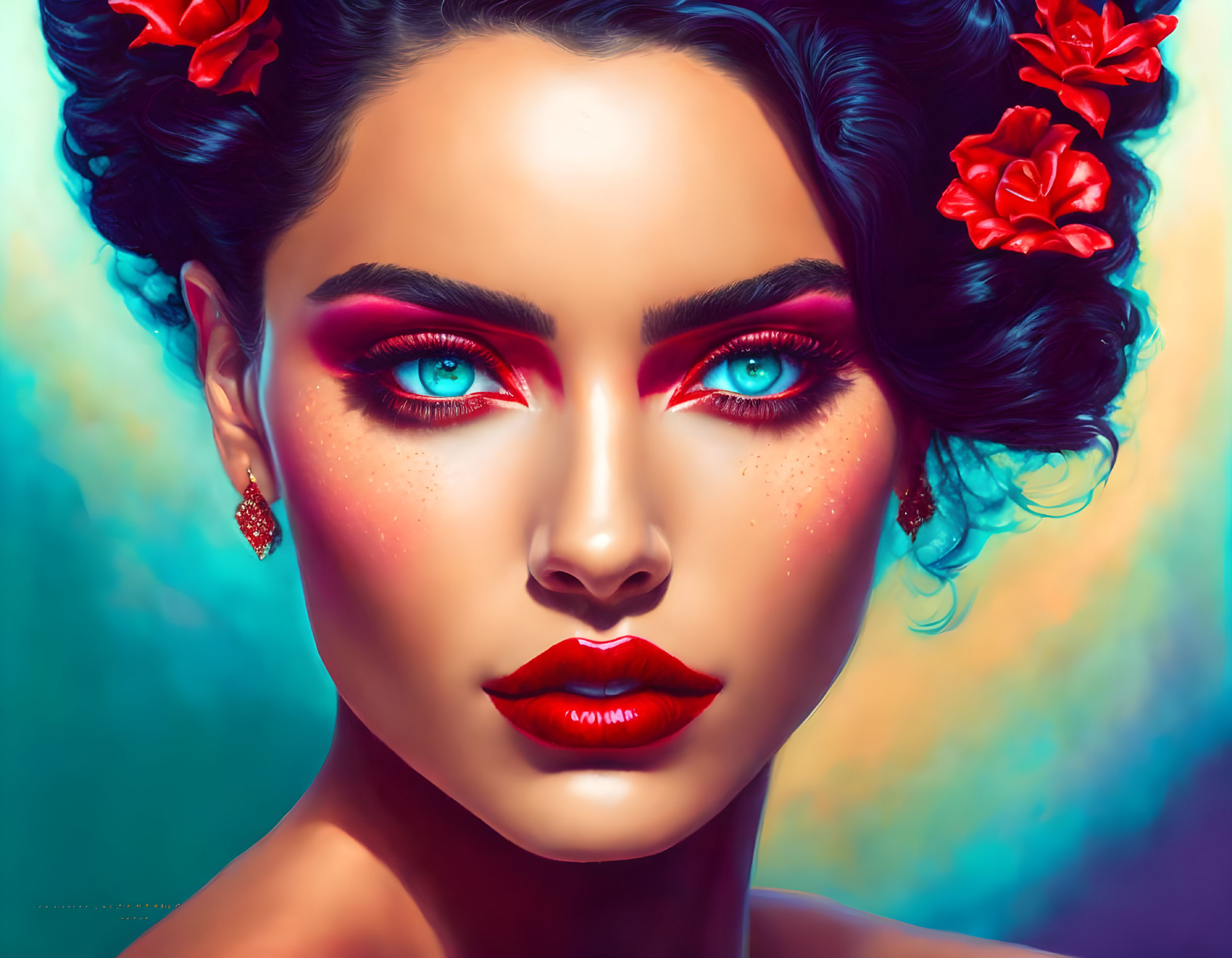 Vibrant digital portrait of a woman with blue eyes and red lipstick