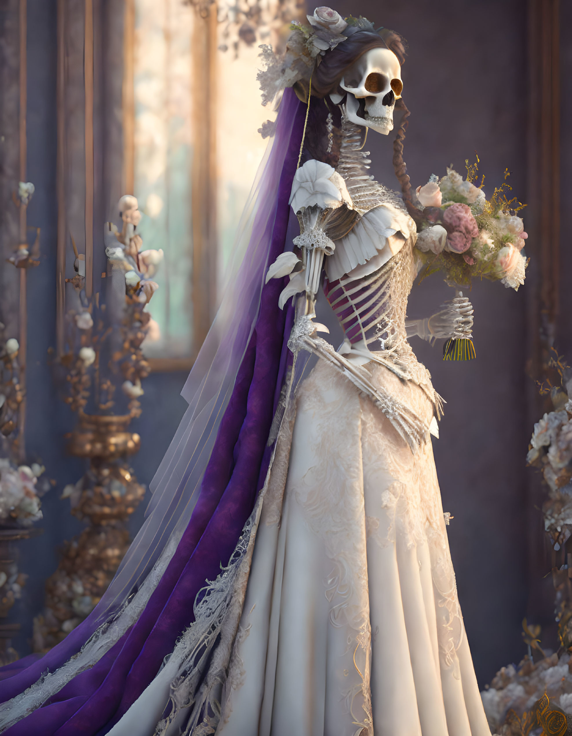 Skeleton in Bridal Gown with Bouquet and Floral Background