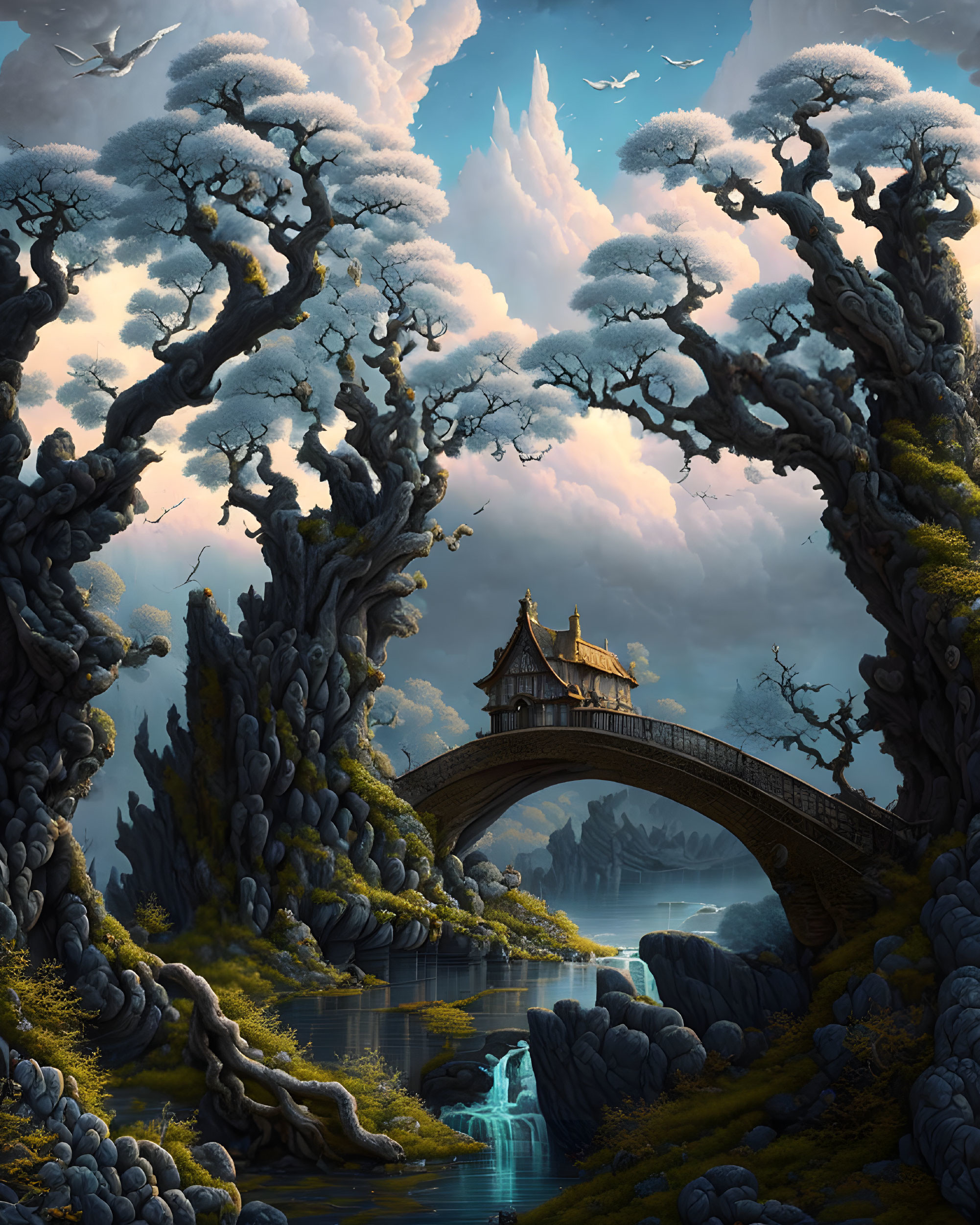 Fantasy landscape with ornate bridge, waterfall, ancient trees & dramatic sky