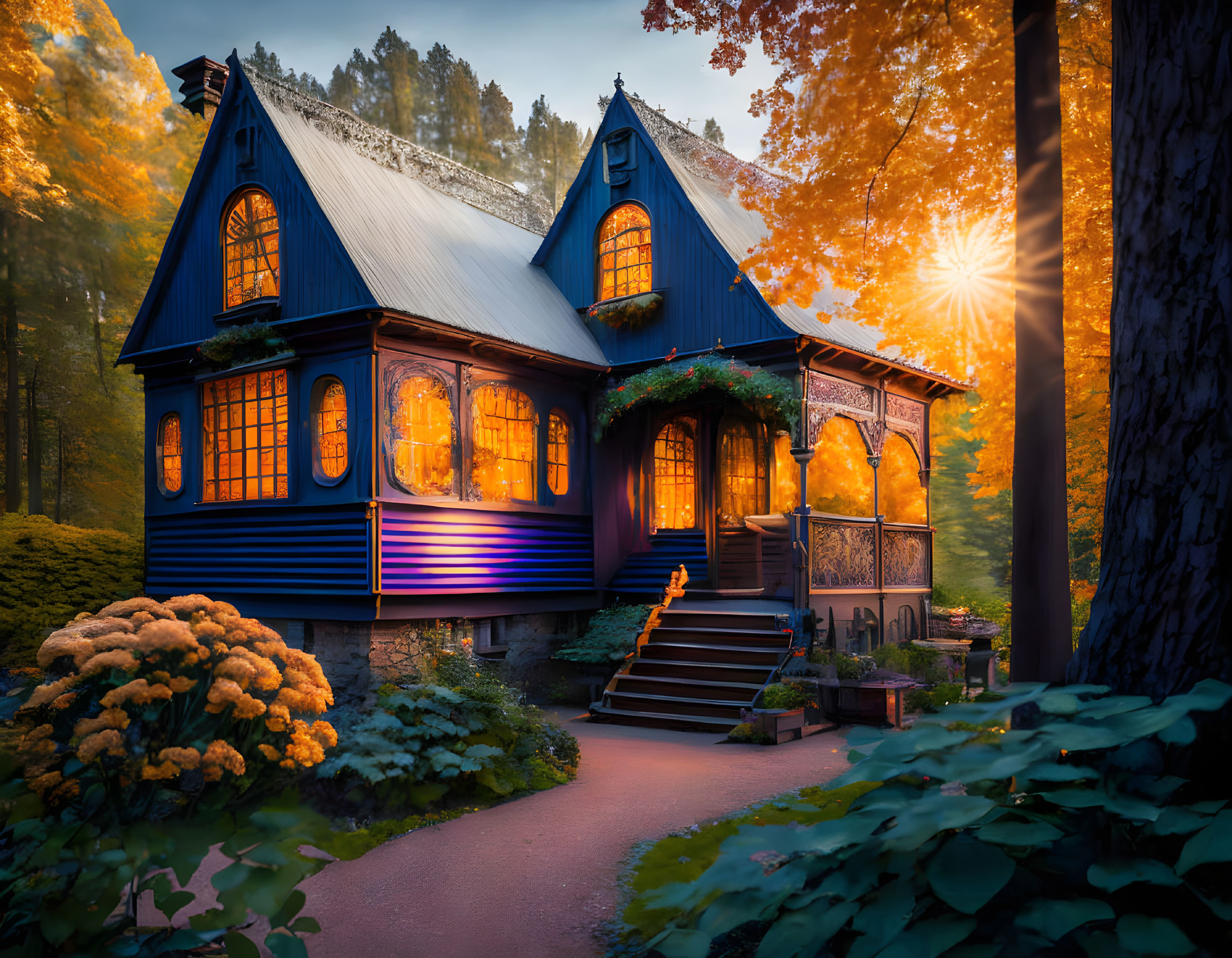 Blue house surrounded by autumn trees at sunset.