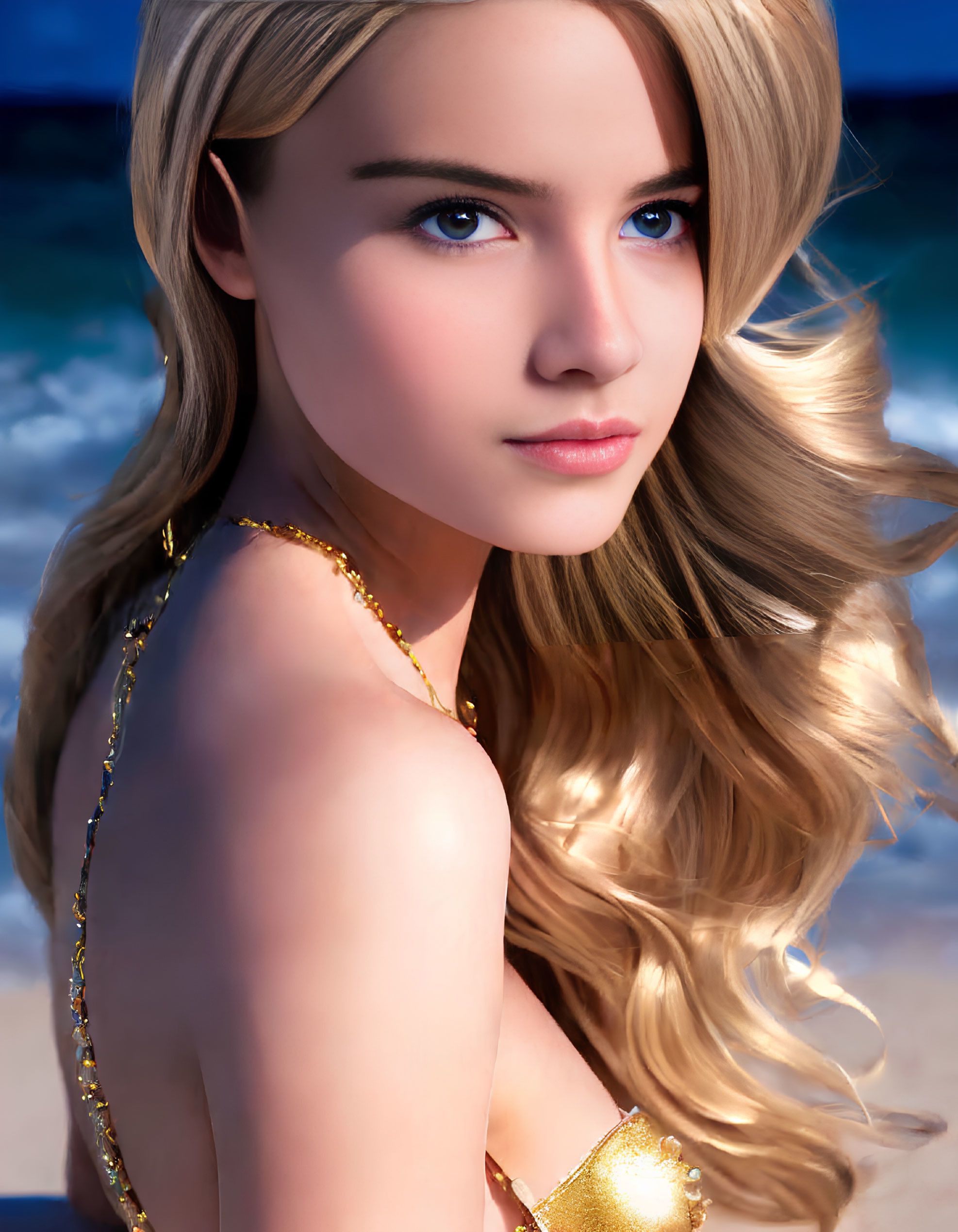 Blonde Woman Portrait with Blue Eyes and Golden Jewelry