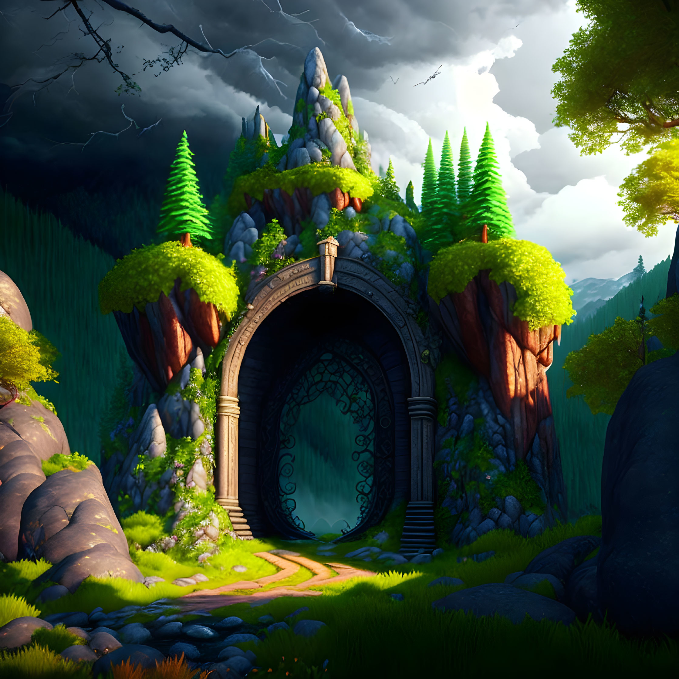 Mystical stone archway with greenery in stormy mountain pass