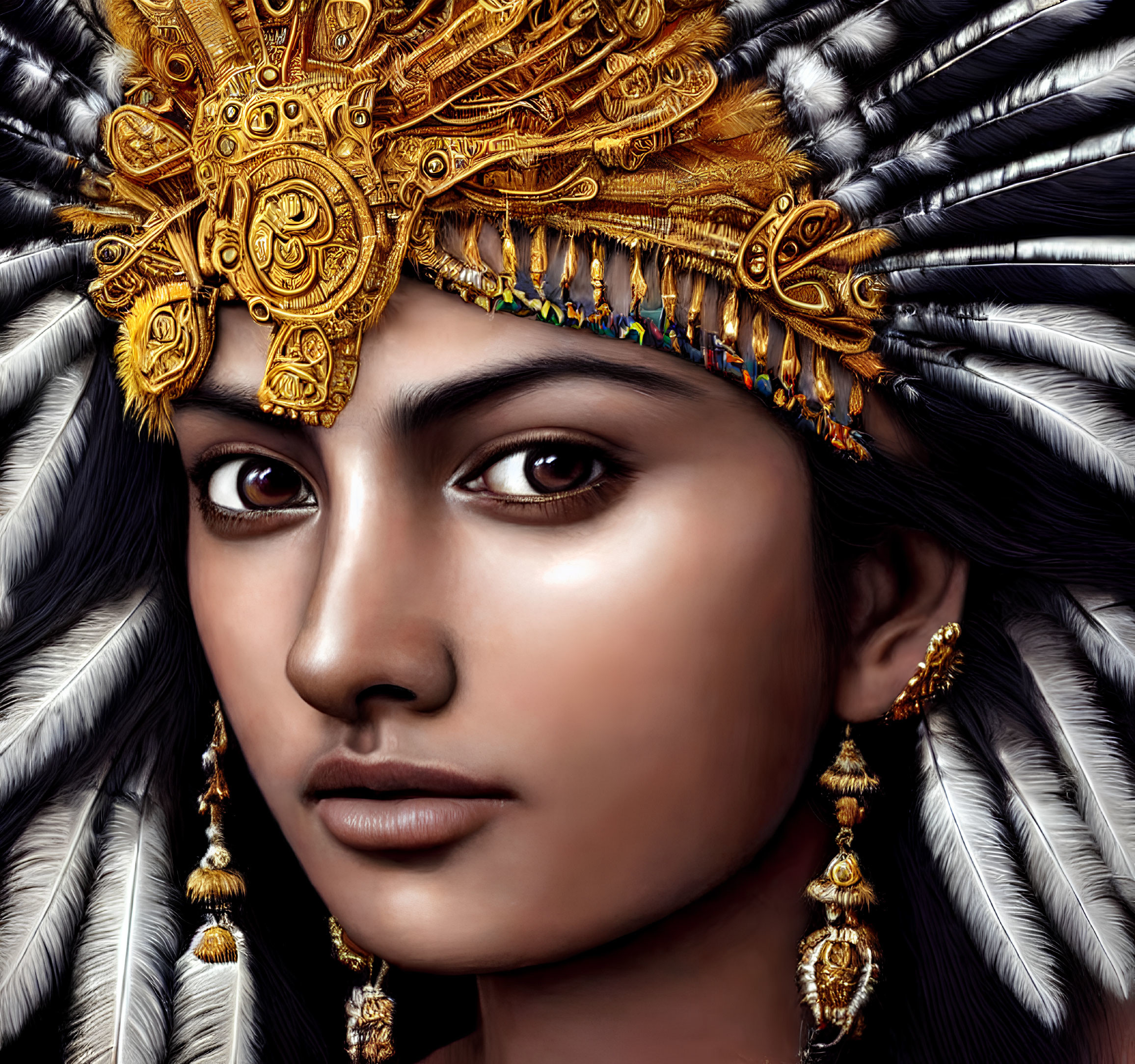 Detailed portrait of woman with golden headdress and jewelry