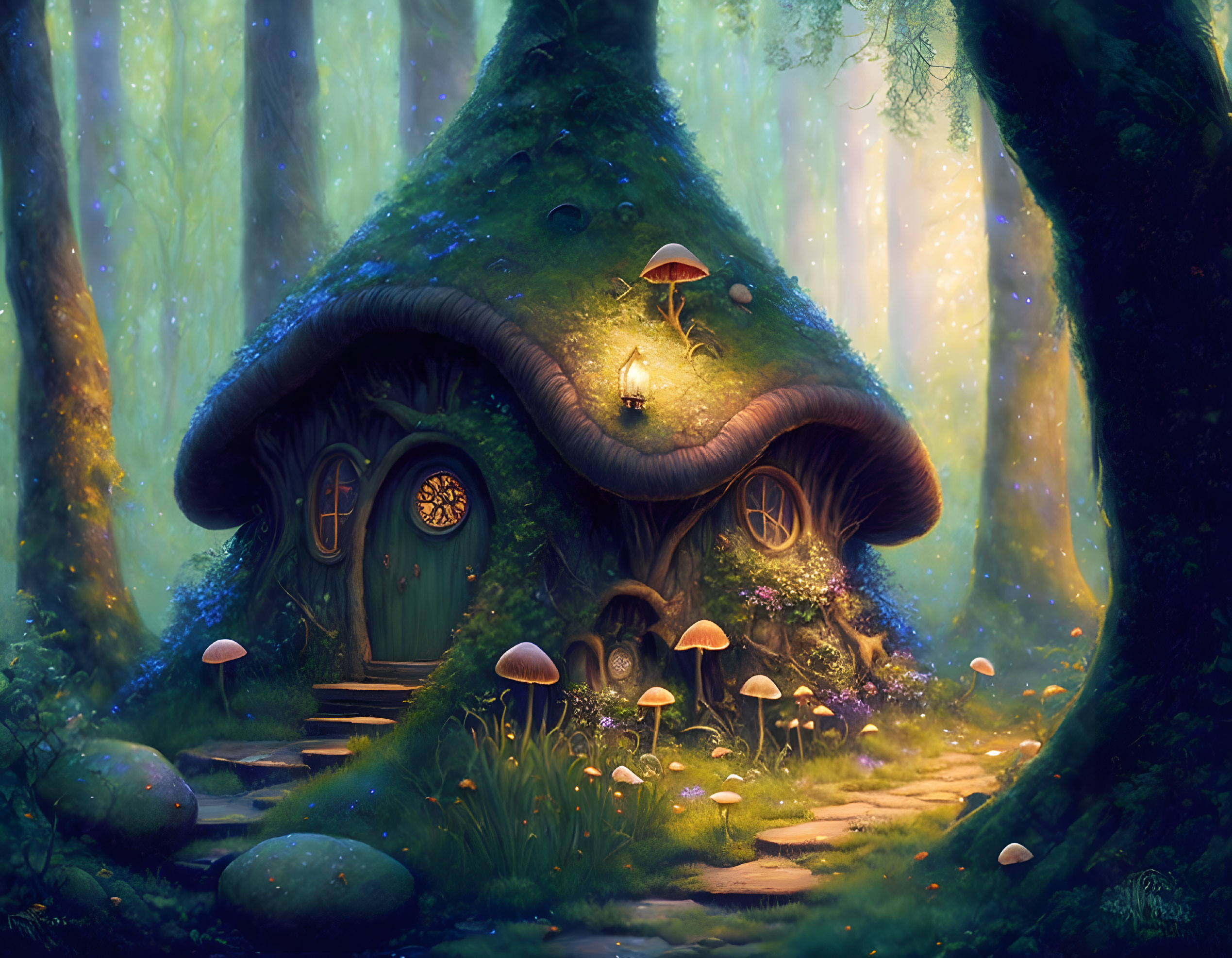 Whimsical mushroom house in enchanted forest scene