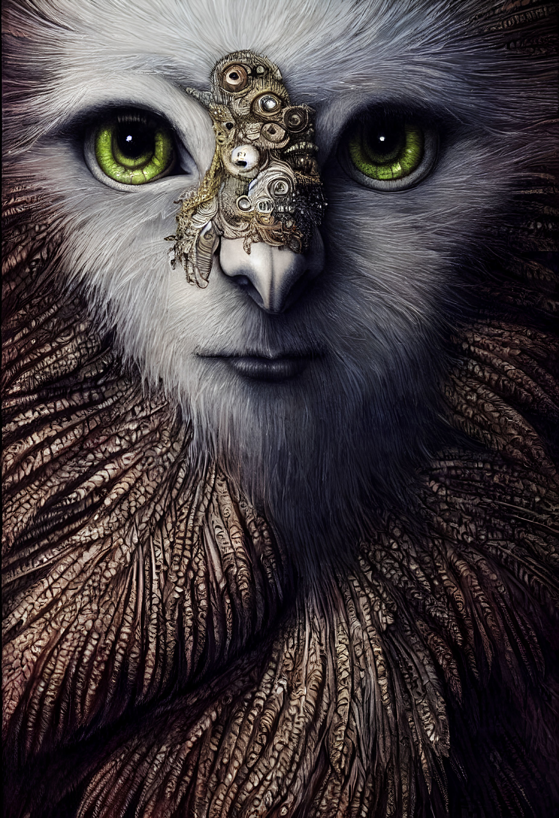 Detailed illustration of creature: snowy owl body, human-like green eyes, mechanical face with gears.