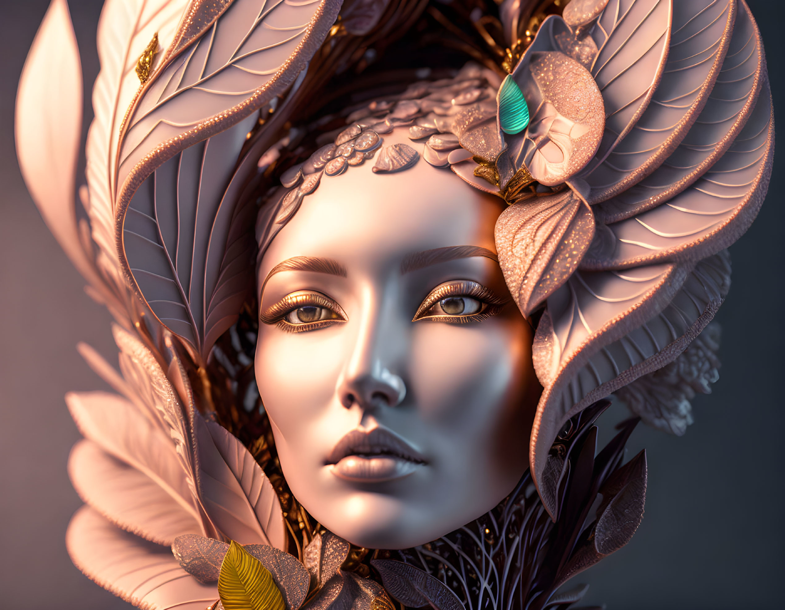 Detailed 3D woman illustration with ornate bronze headpiece