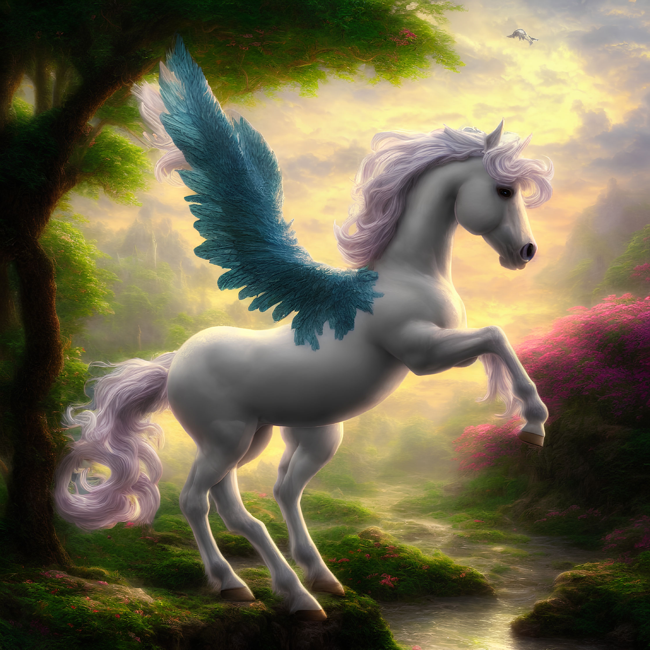 Winged unicorn with flowing mane in sunlit forest glade