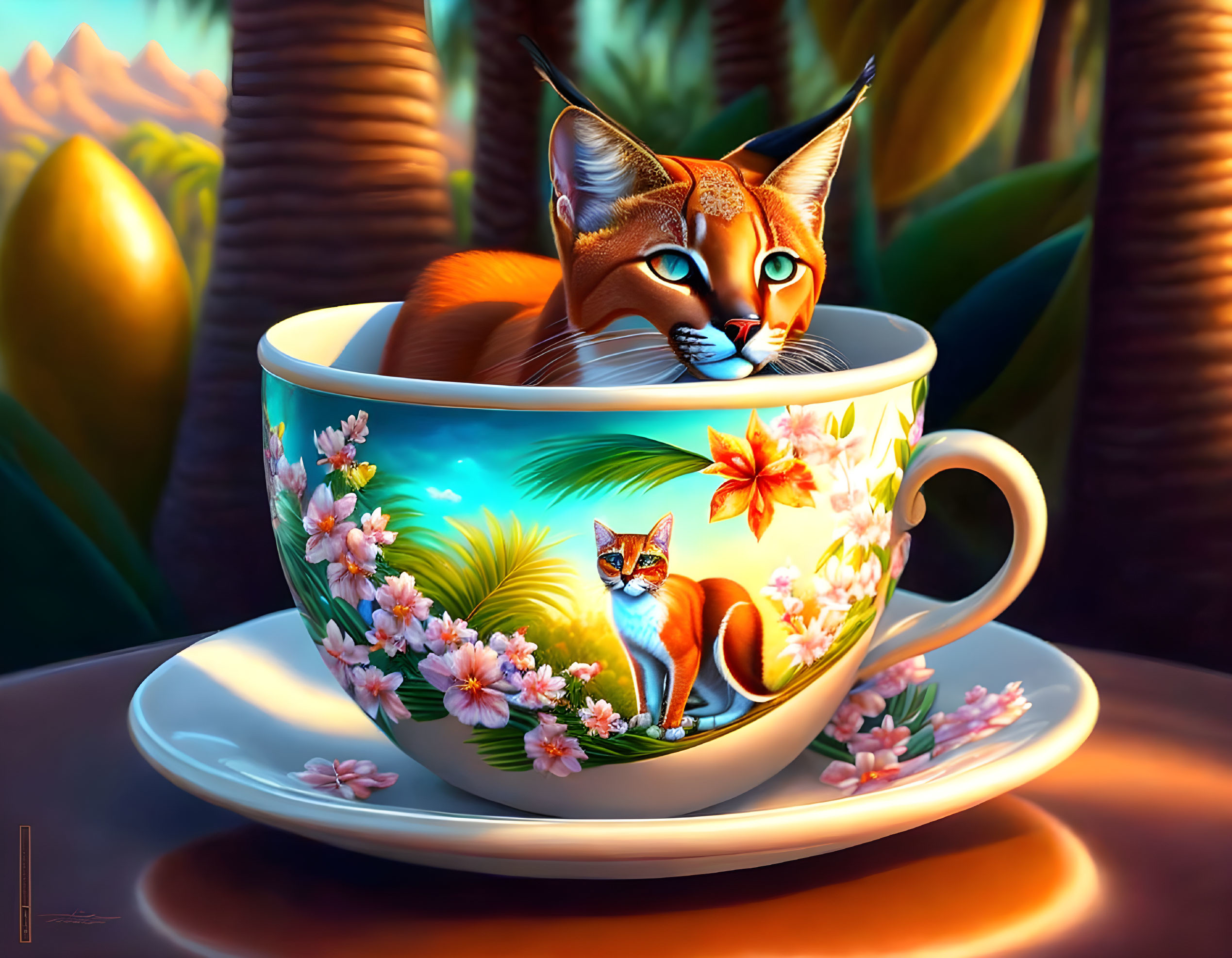 Whimsical cat with fox-like coat in teacup on tropical background