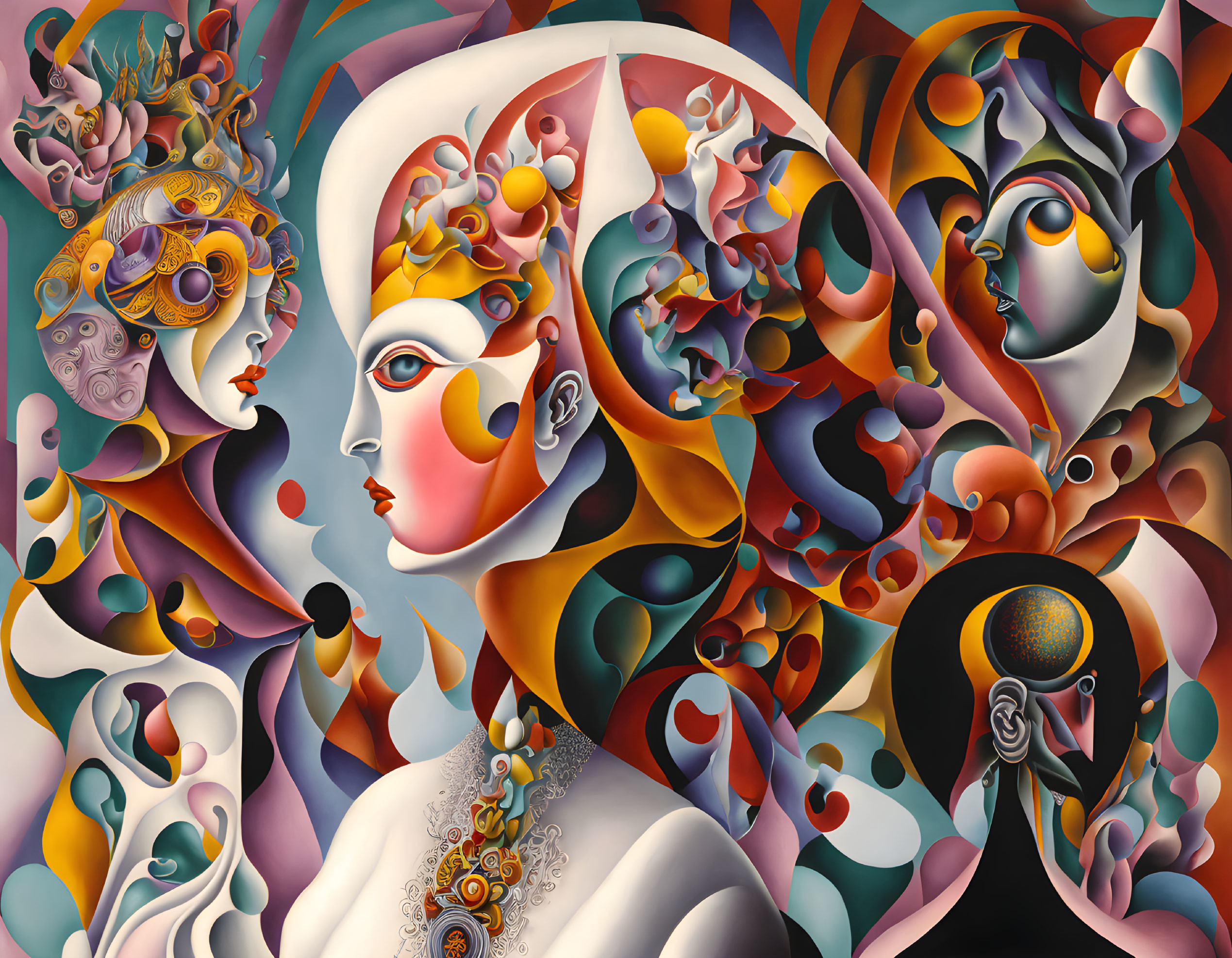 Abstract digital artwork: Colorful faces with flowing shapes and patterns