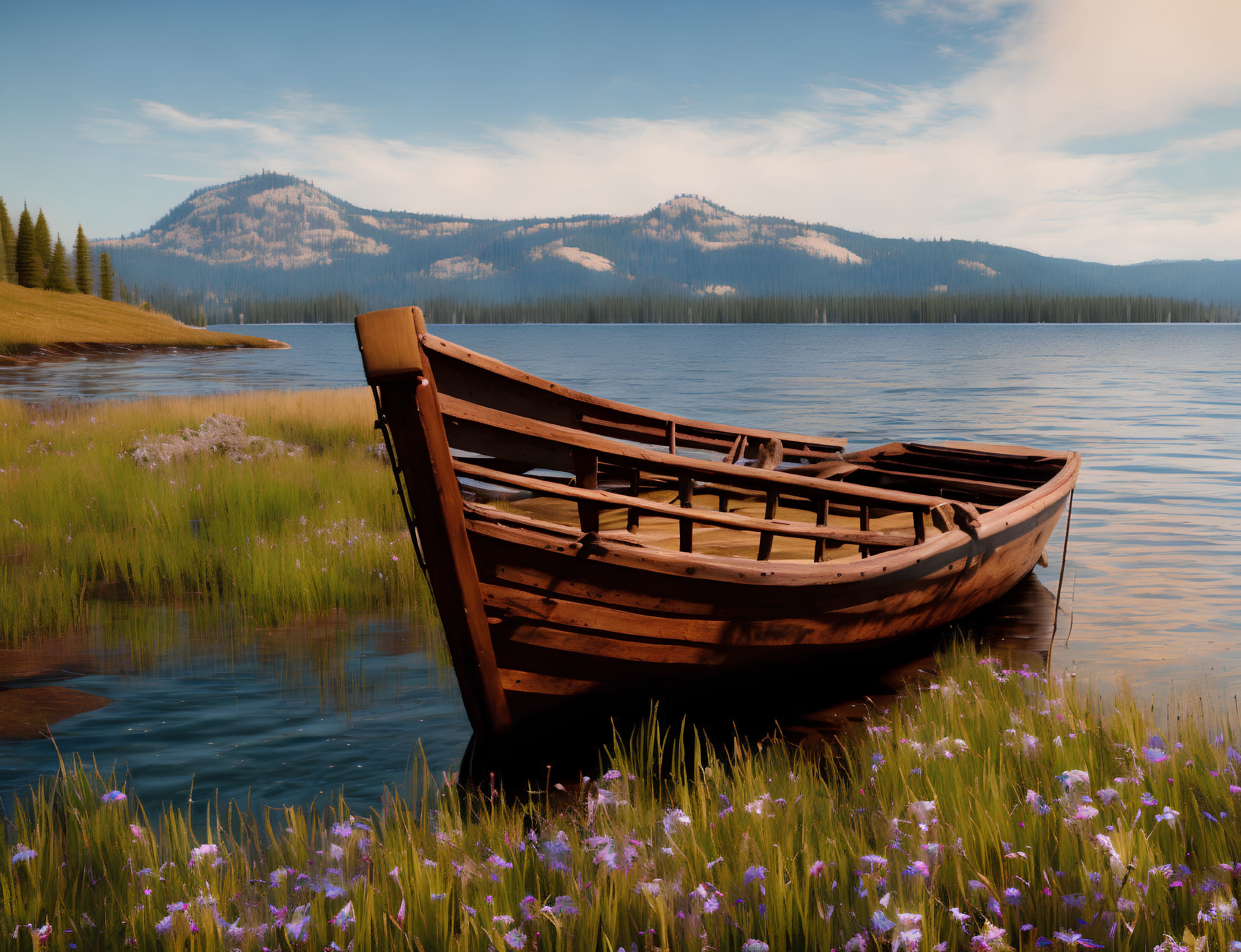 Scenic wooden rowboat on calm lake with purple flowers, forested mountains, and clear sky