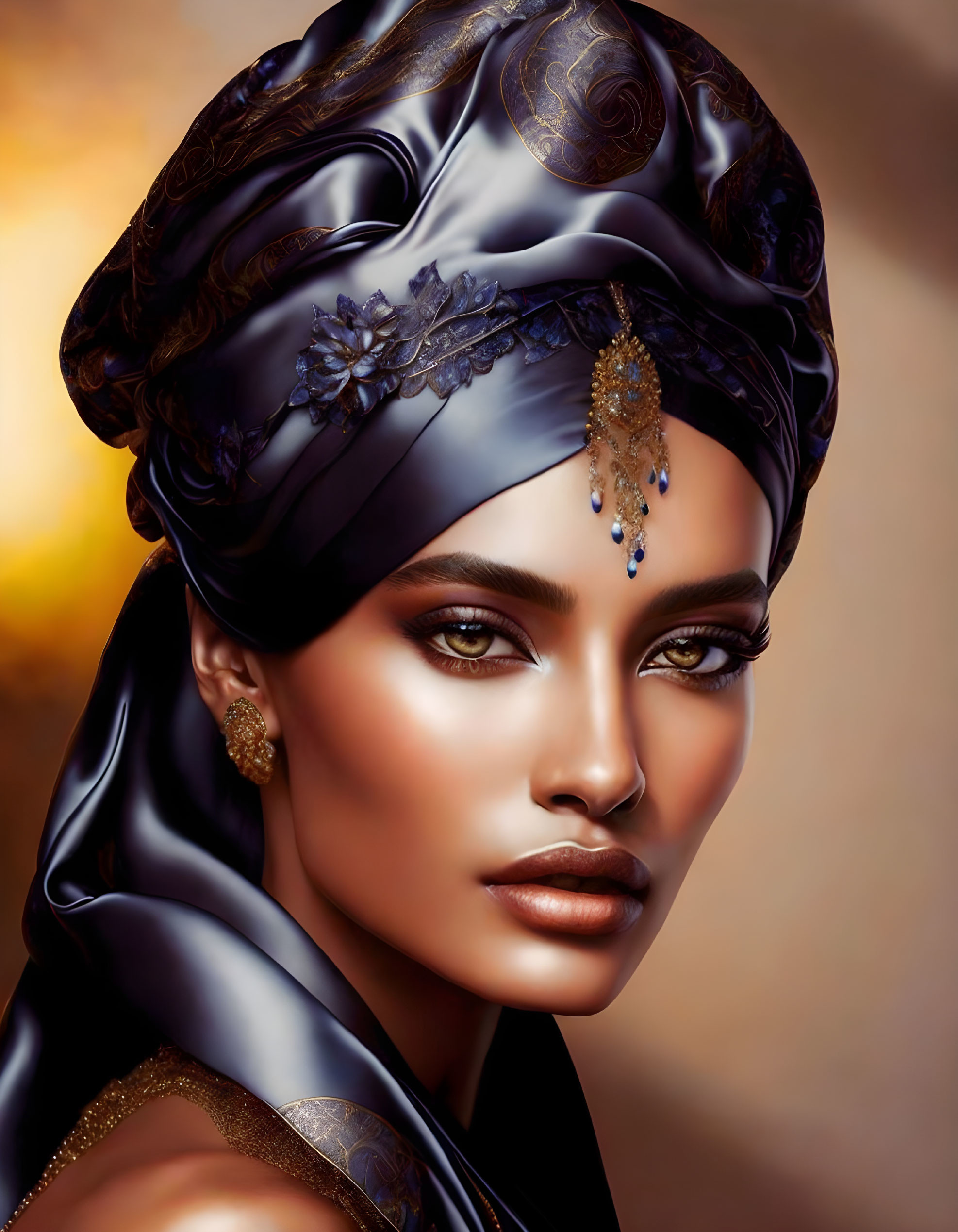 Digital artwork: Woman with decorative headscarf, gold earrings, and bejeweled forehead piece