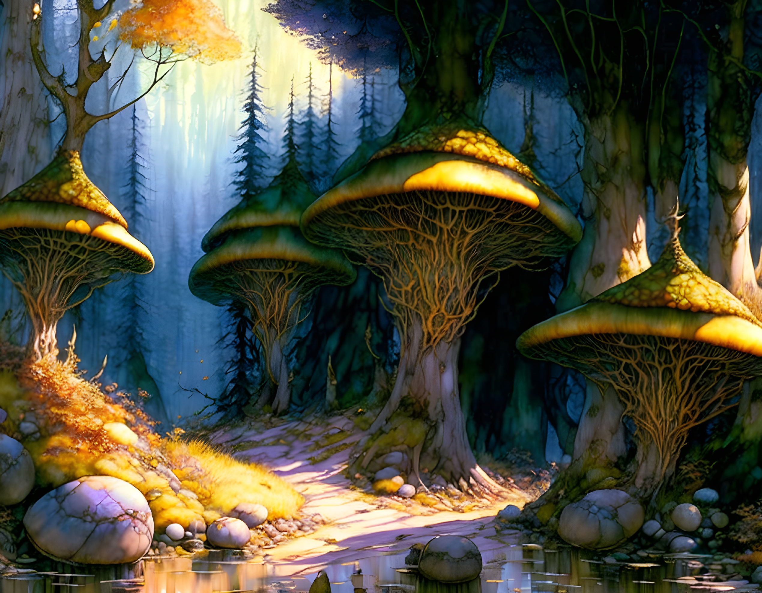 Enchanting forest path with oversized, luminous mushrooms under mystical blue light