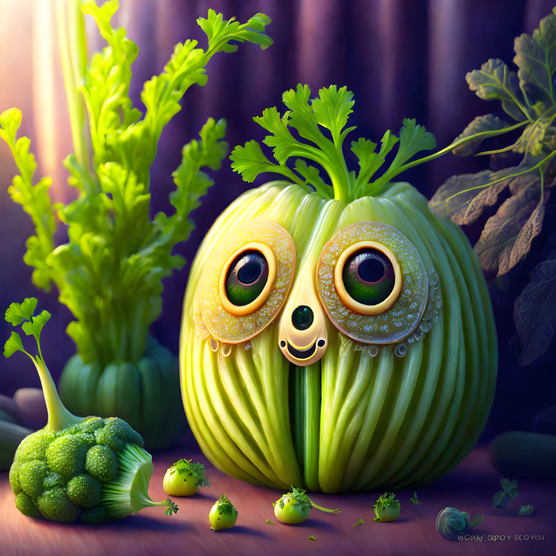 Anthropomorphized green zucchini among vegetables and light rays