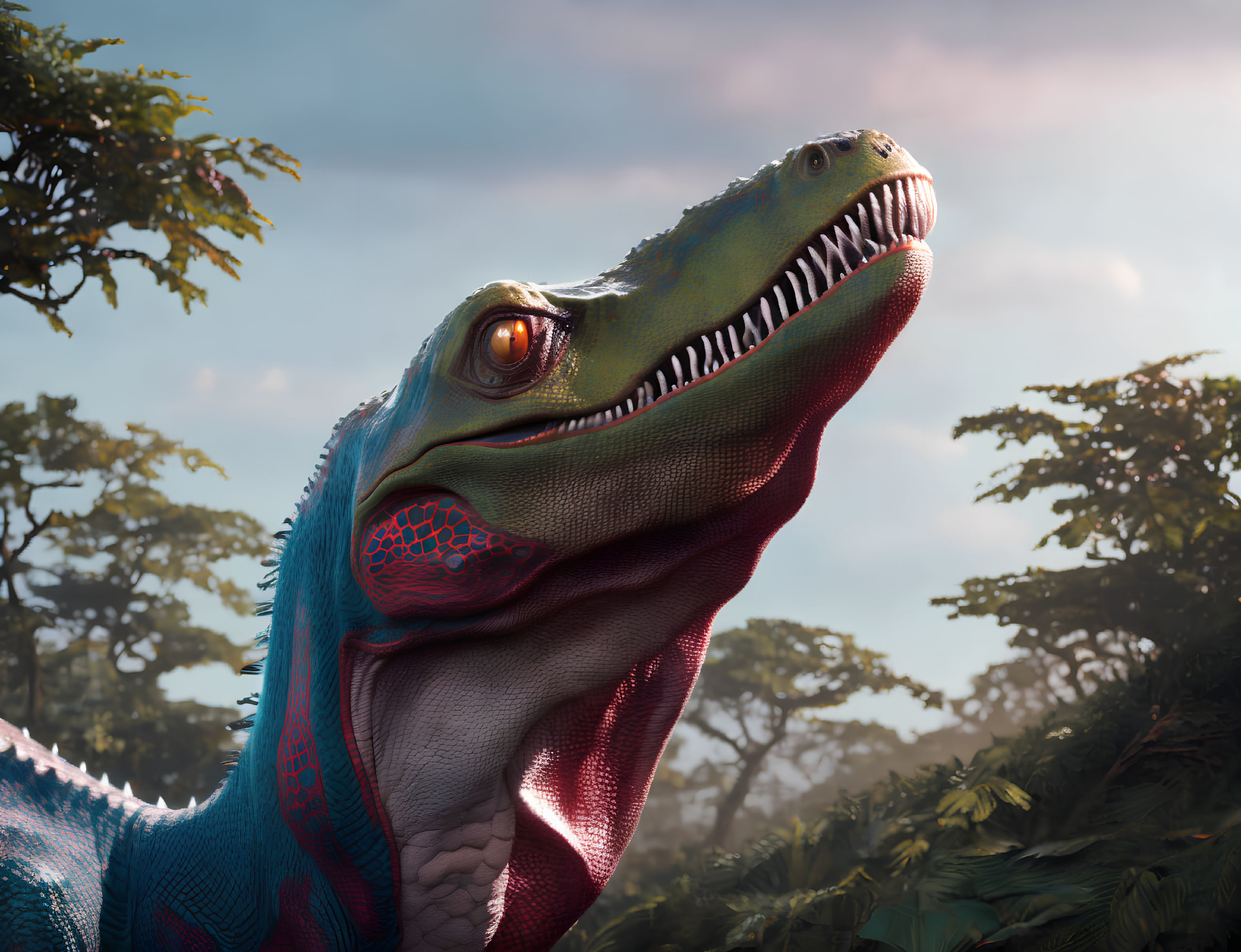 Detailed Computer-Generated Velociraptor Head in Colorful Close-Up