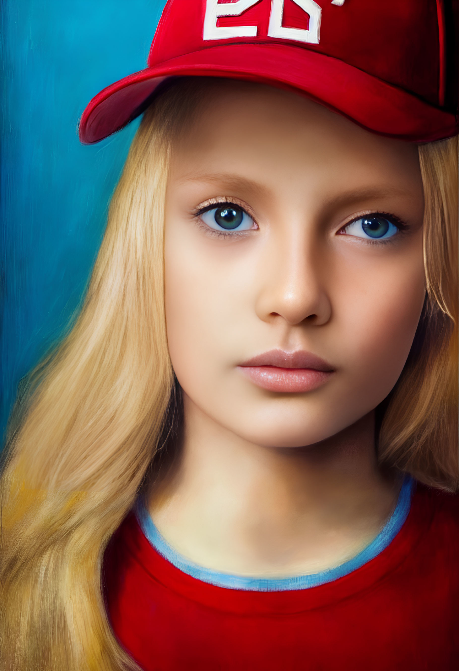 Young girl with blonde hair in red cap and shirt with "ED" letters