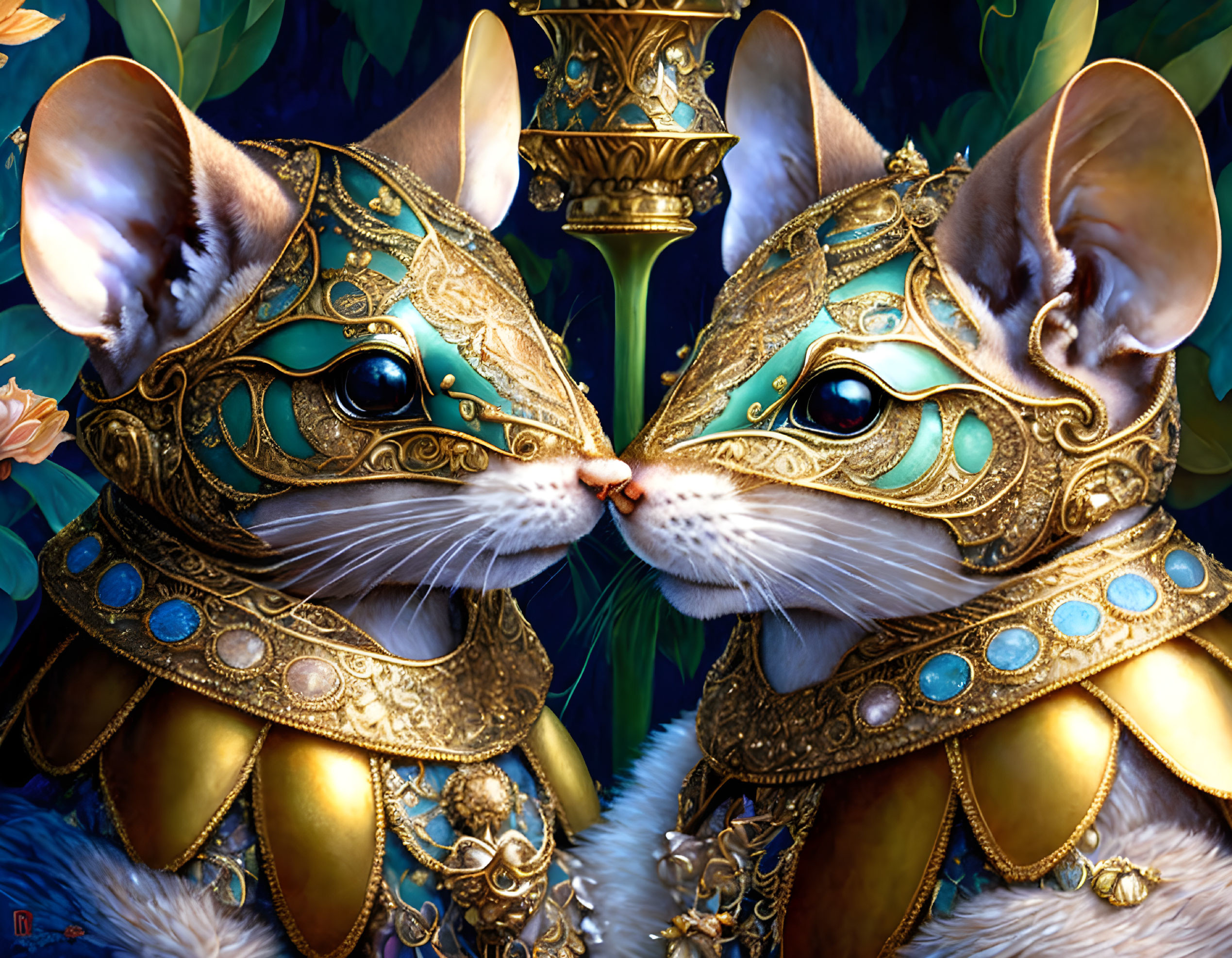 Fantasy mice in ornate armor with golden helmets and gemstone shoulder plates on lush floral backdrop.