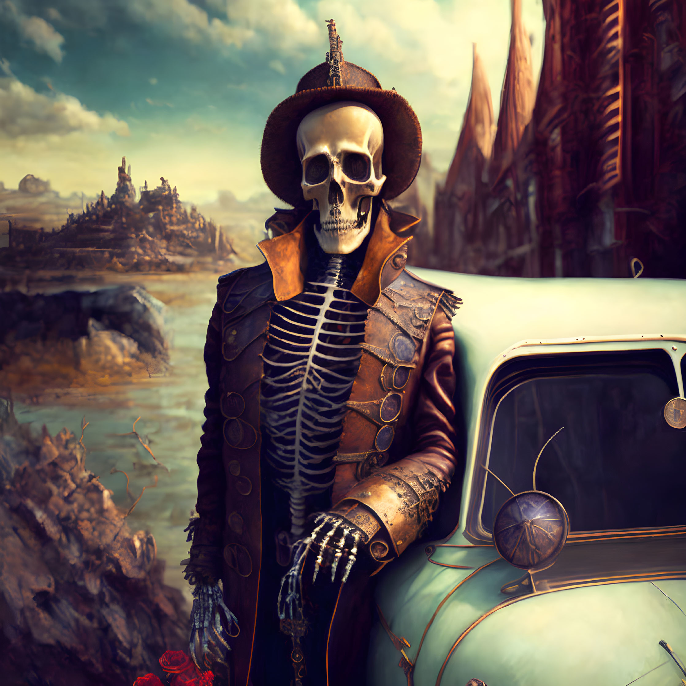 Skeleton in top hat leans on vintage car in dystopian setting