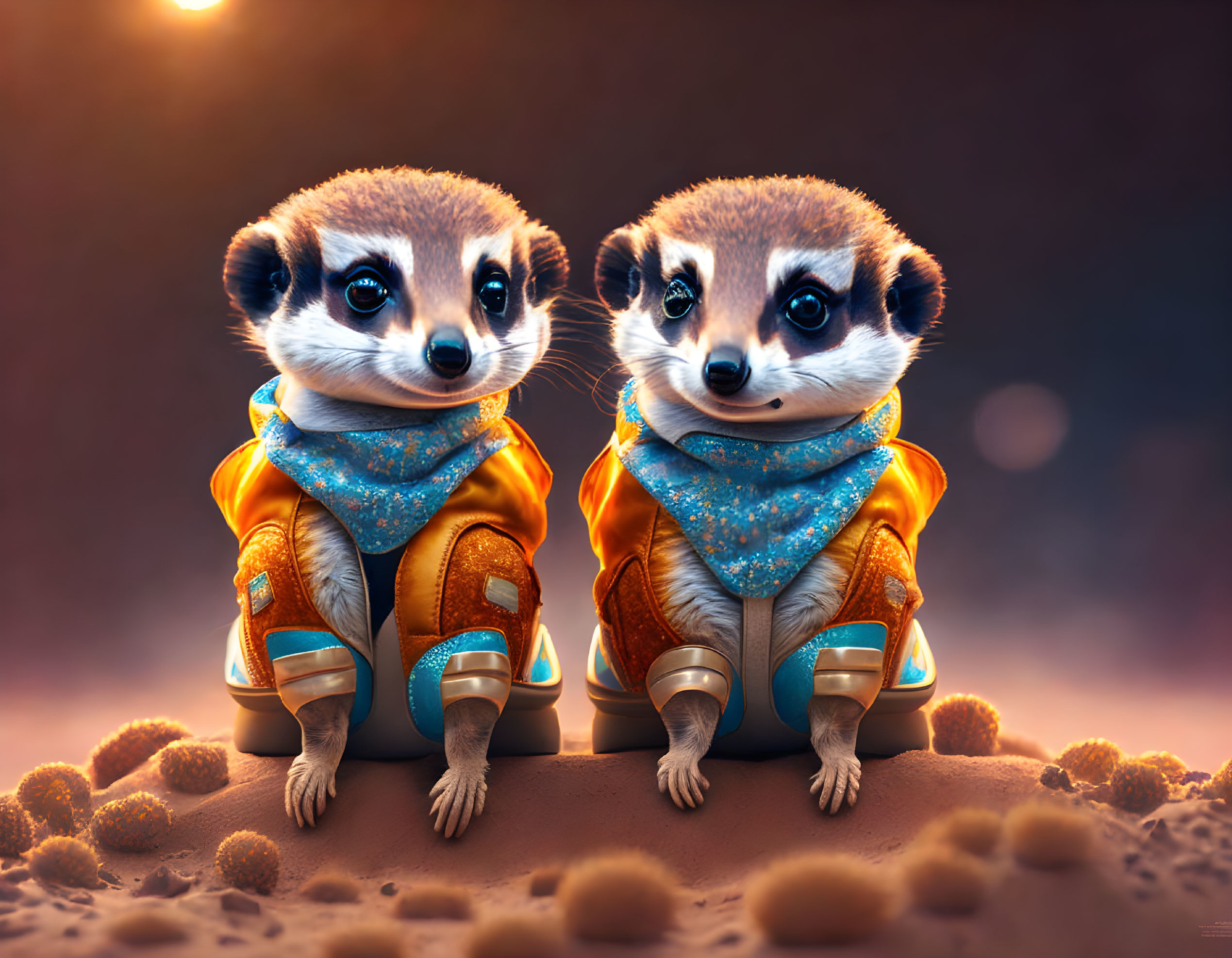 Animated meerkats in astronaut suits on sandy surface with glowing flame under starry sky