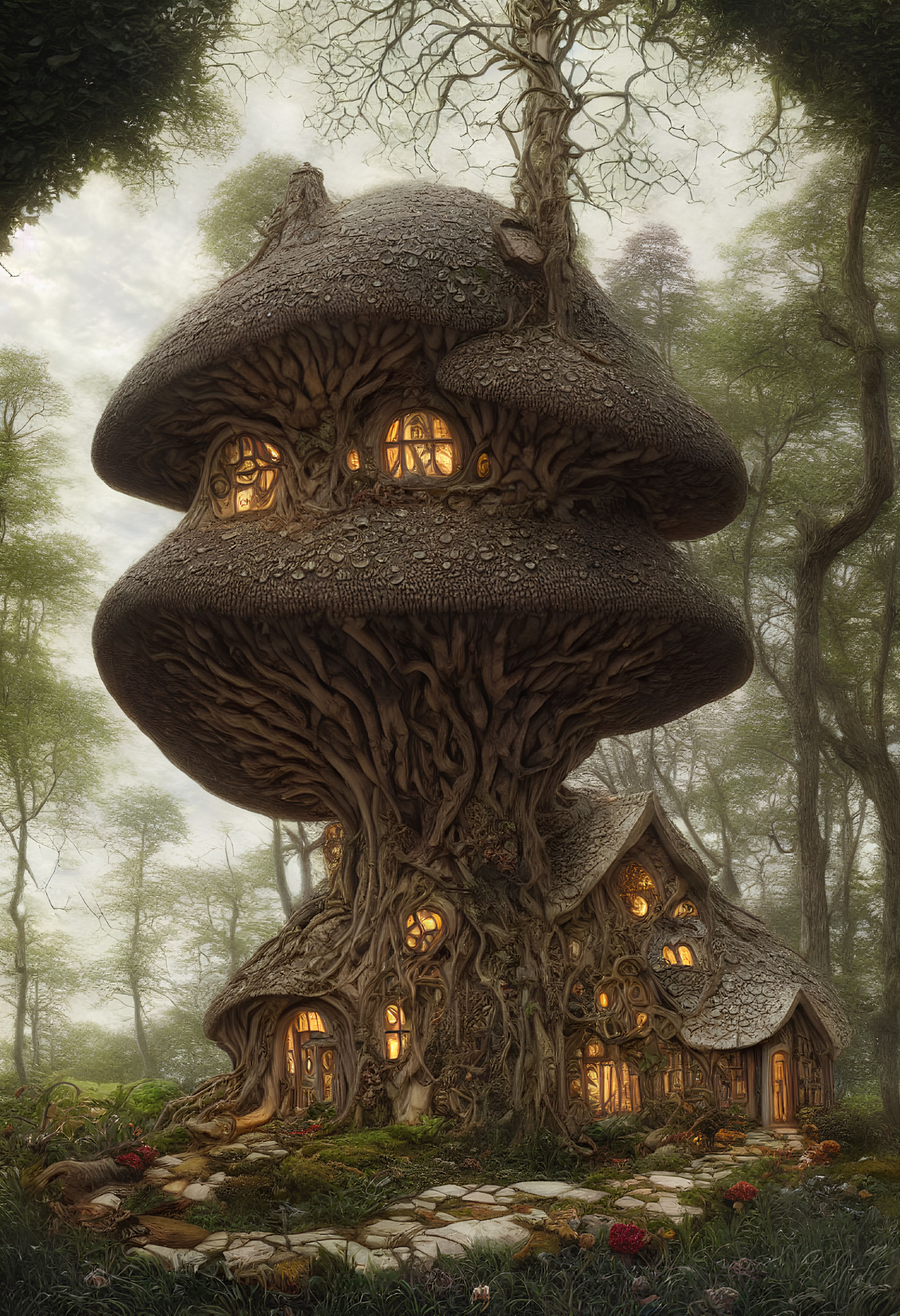 Enchanted forest scene with whimsical glowing mushroom house