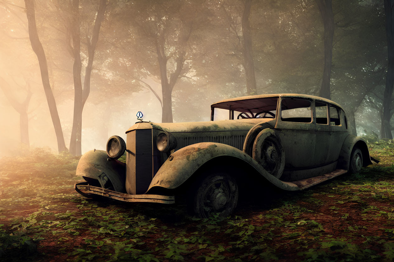 Abandoned car in misty forest with sunlight filtering through trees